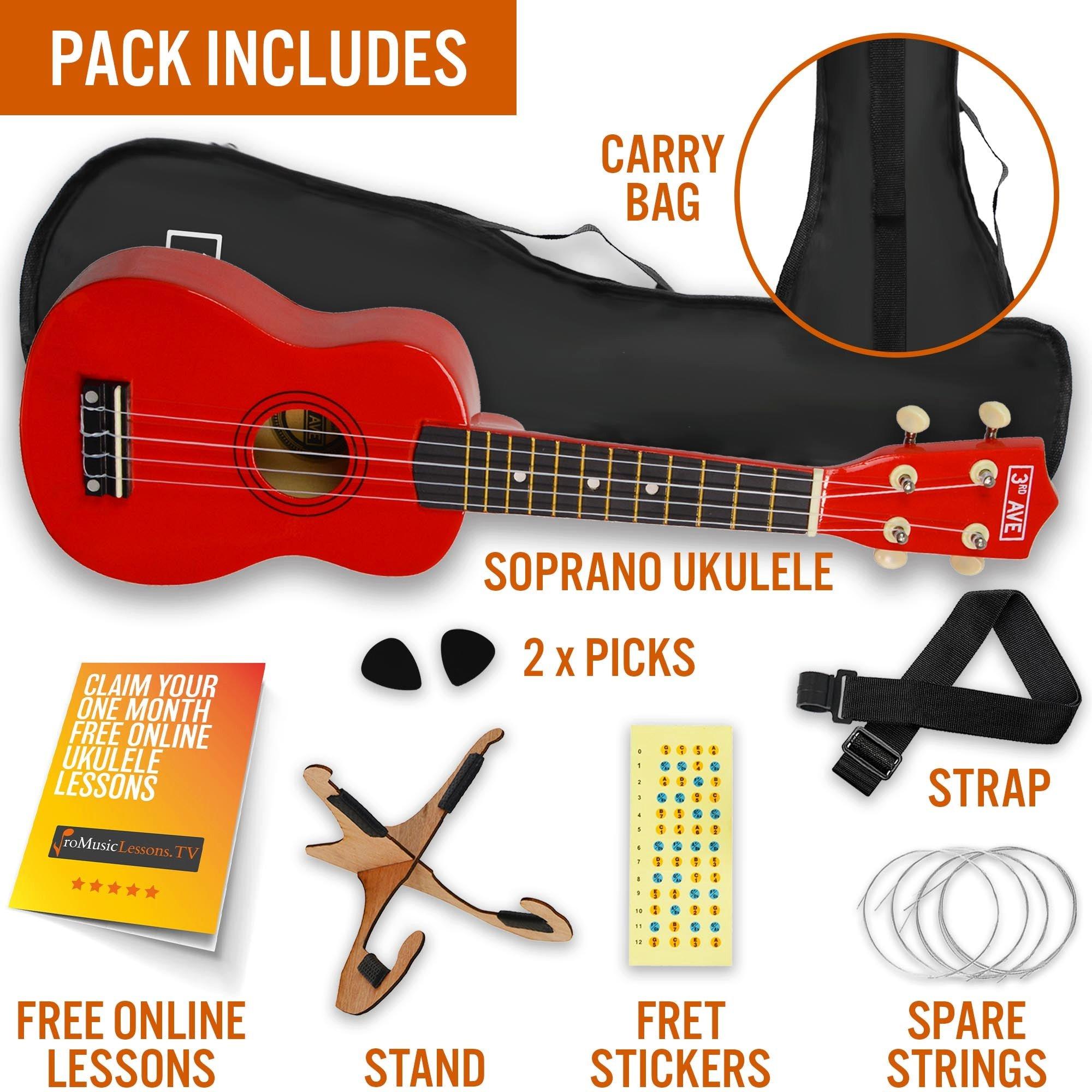 Red - 3rd Avenue - 3rd Avenue Soprano Ukulele Pack - Natural - 3