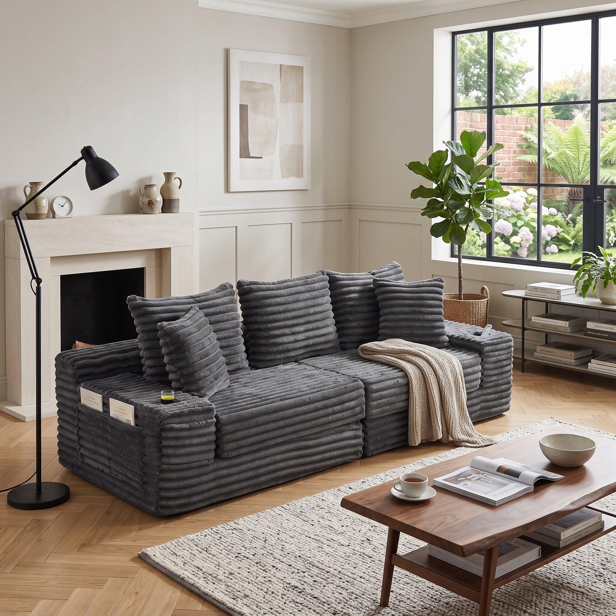Dark Gray - Urban Meuble - Corduroy Convertible Sofa Bed - 1
