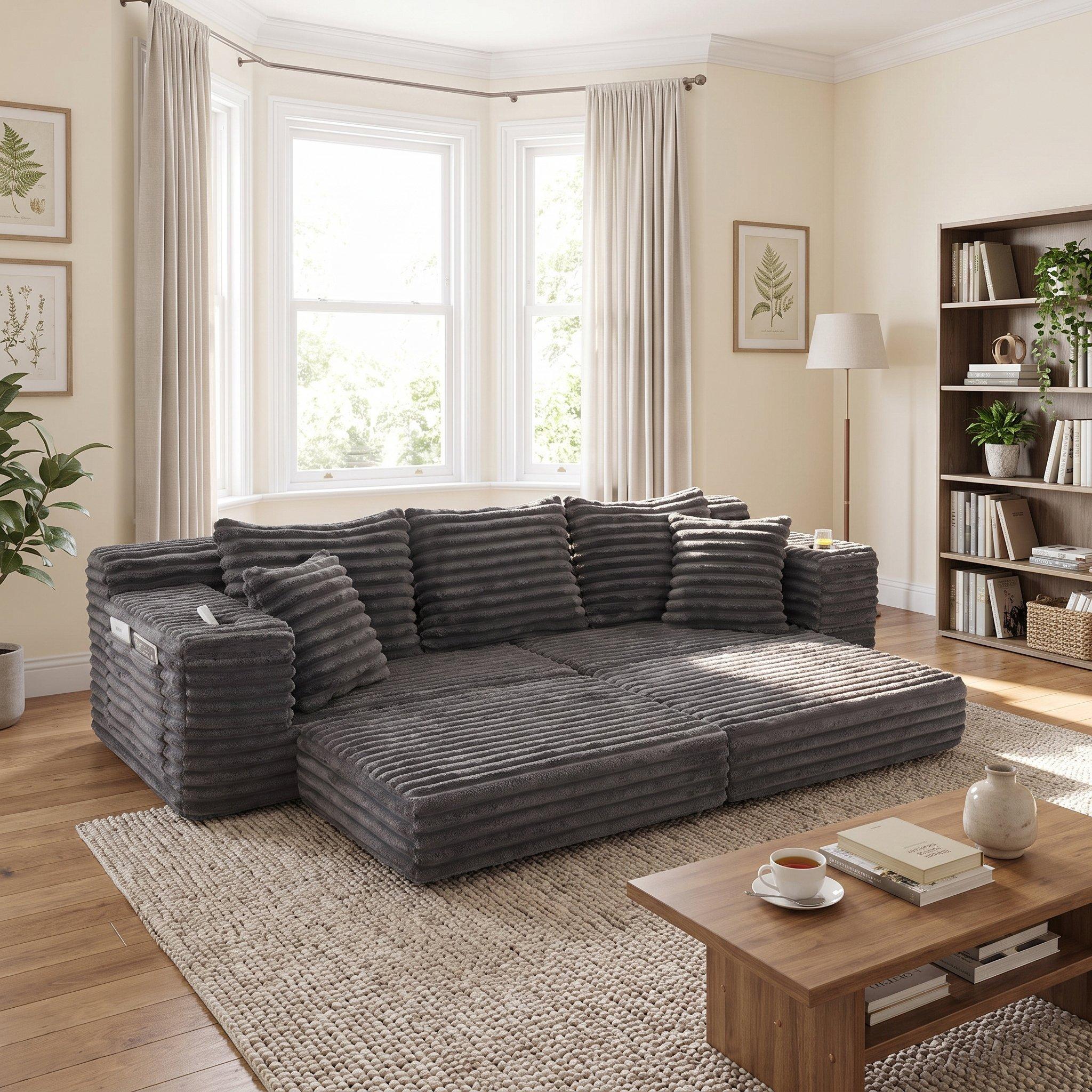 Dark Gray - Urban Meuble - Corduroy Convertible Sofa Bed - 3
