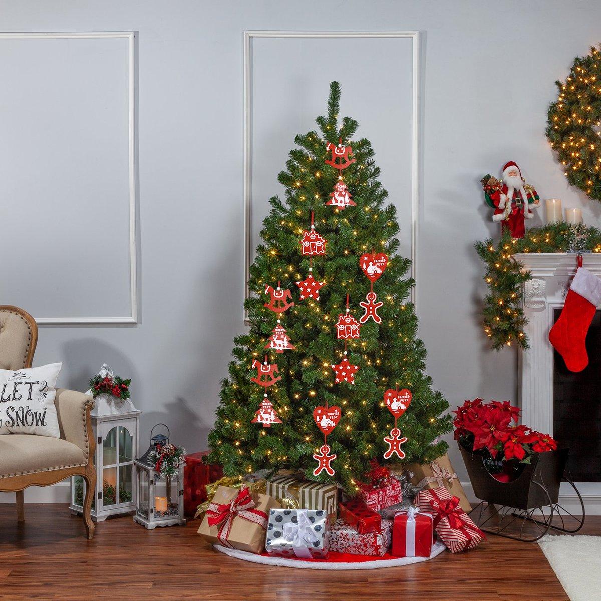 Red - LIFE IDEAS - Christmas Tree Wooden Hanging Ornament Set - 2