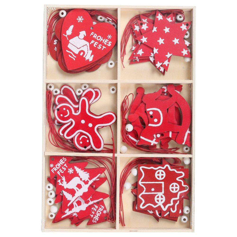 Red - LIFE IDEAS - Christmas Tree Wooden Hanging Ornament Set - 3