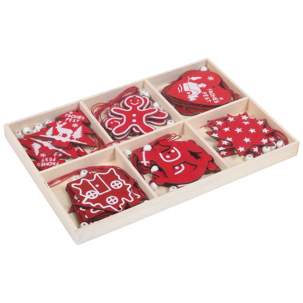 Red - LIFE IDEAS - Christmas Tree Wooden Hanging Ornament Set - 4