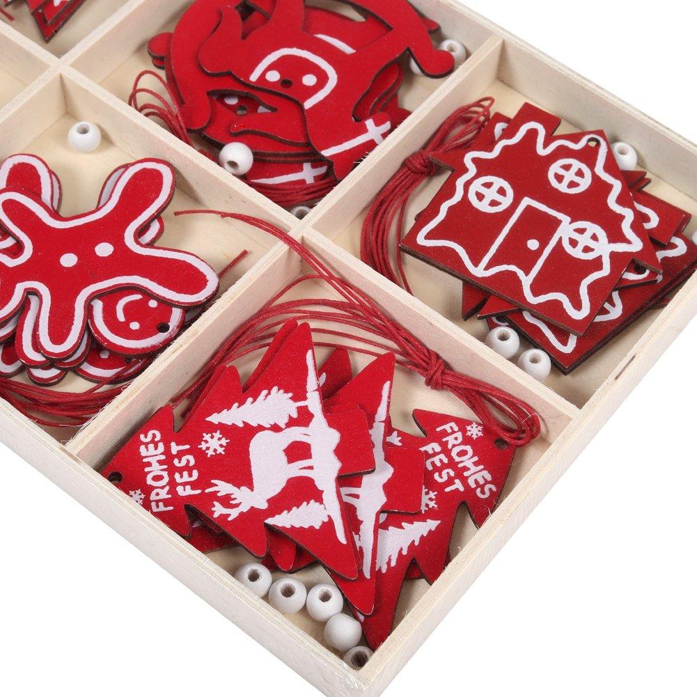 Red - LIFE IDEAS - Christmas Tree Wooden Hanging Ornament Set - 7