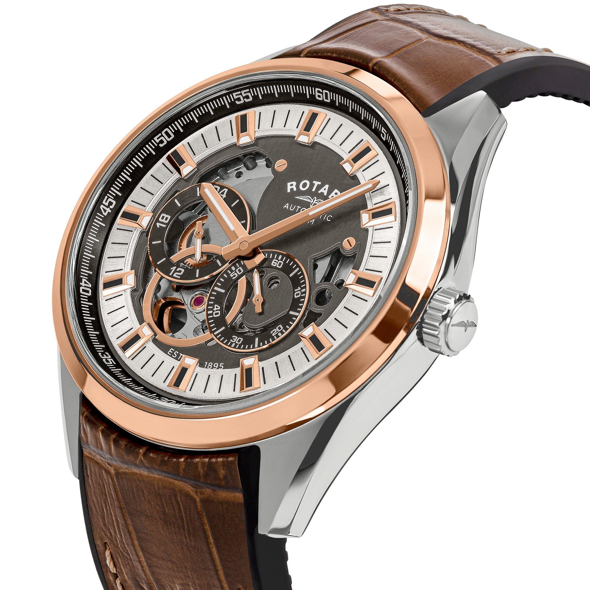 Brown - Rotary - Rotary Mens Seamatic Eclipse Leather Strap Watch - 2