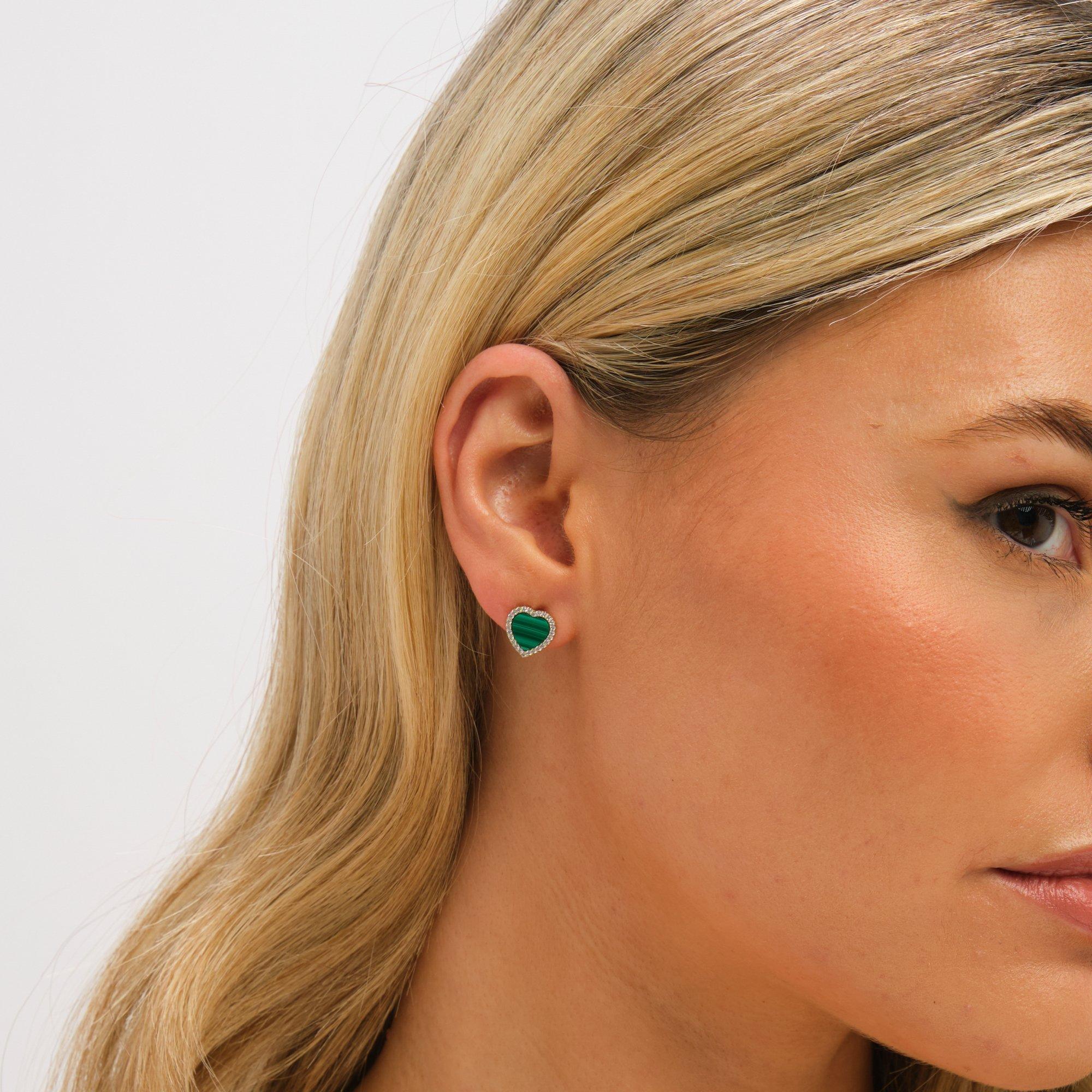 Gold - Jon Richard - Gold Plated Crystal and Malachite Heart Stud s - 2