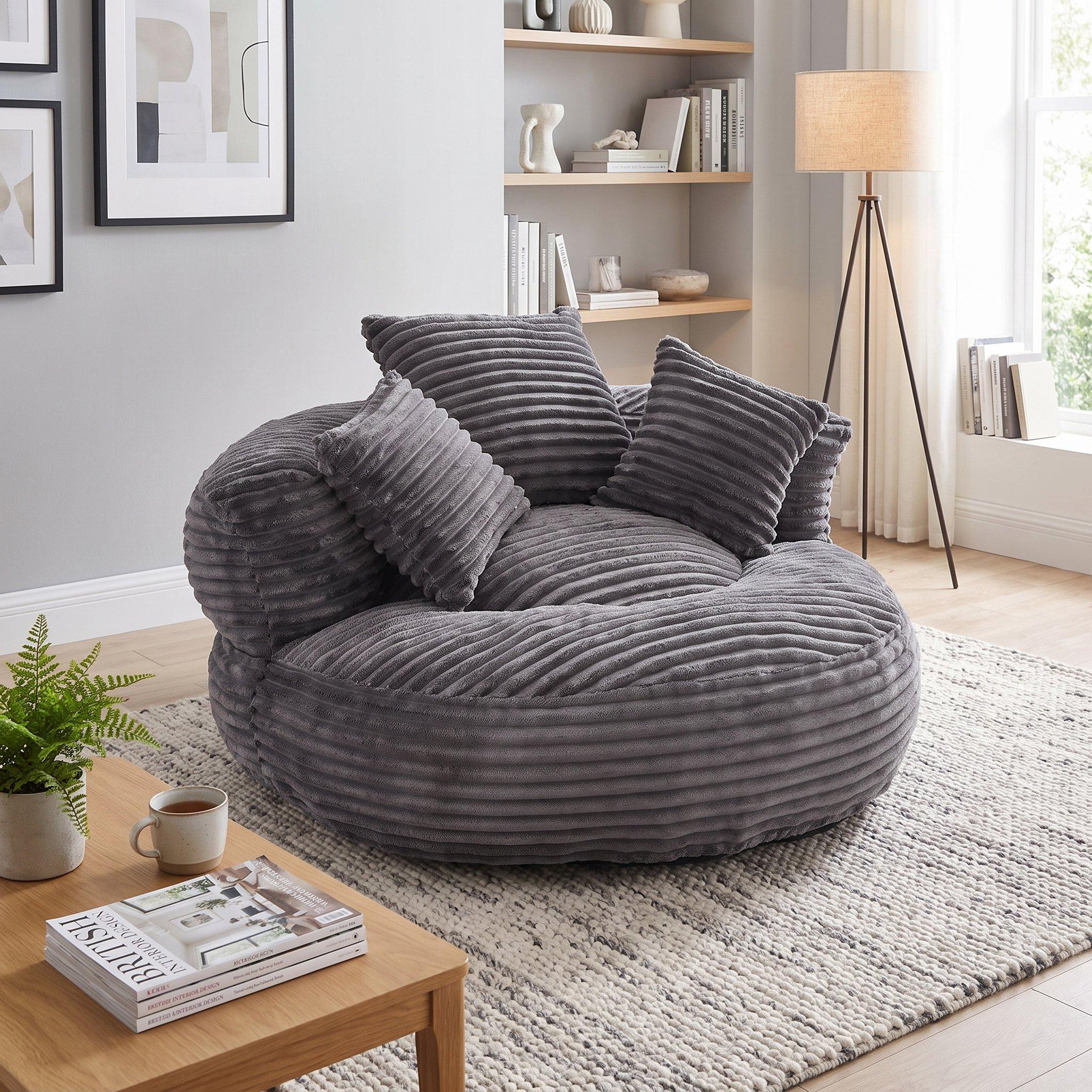 Dark Gray - Urban Meuble - Corduroy Bean Bag Chair with Pillows - 2