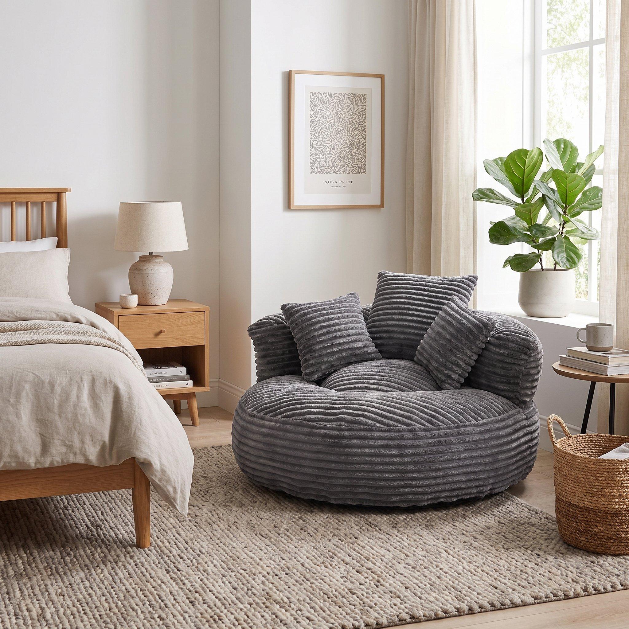 Dark Gray - Urban Meuble - Corduroy Bean Bag Chair with Pillows - 3