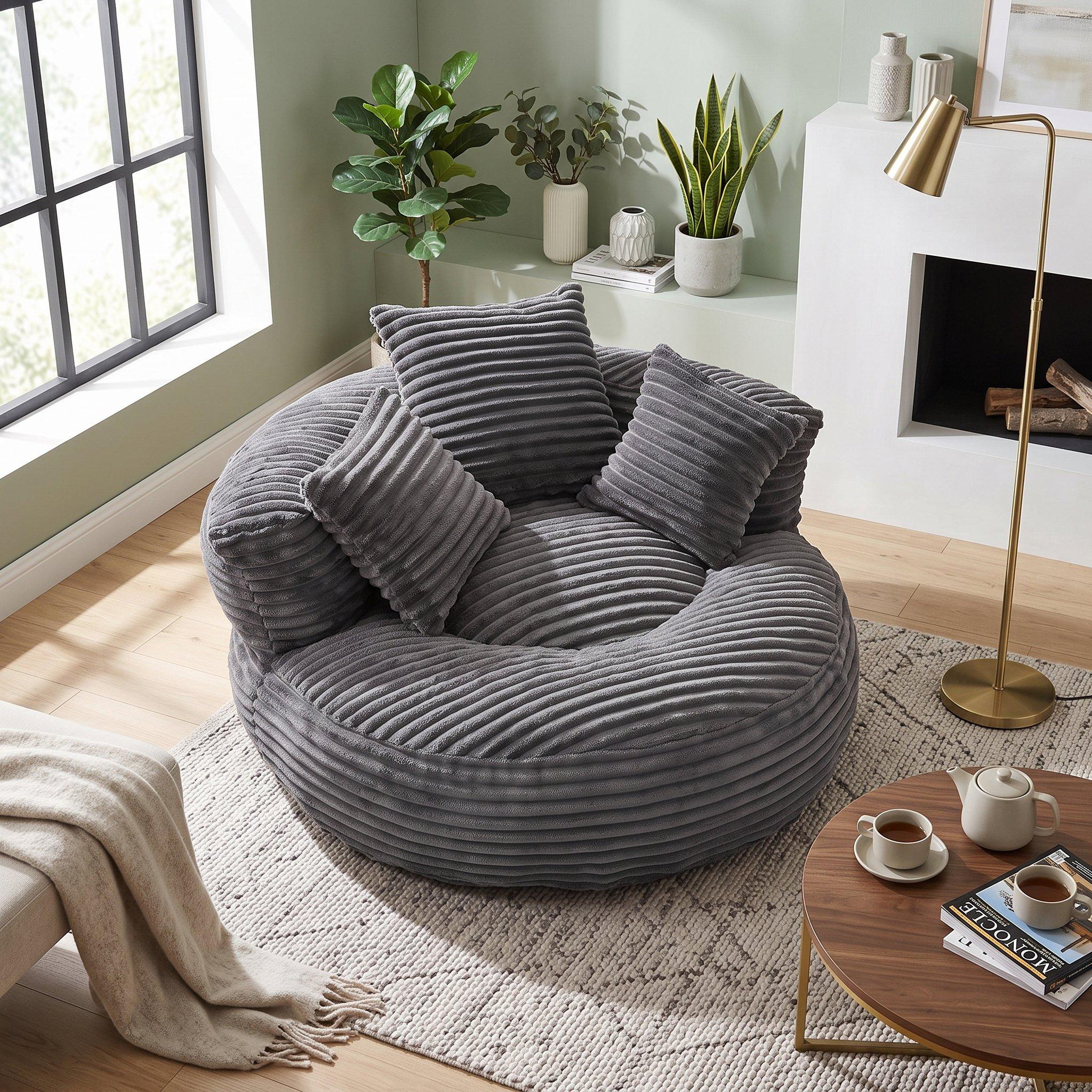 Dark Gray - Urban Meuble - Corduroy Bean Bag Chair with Pillows - 4