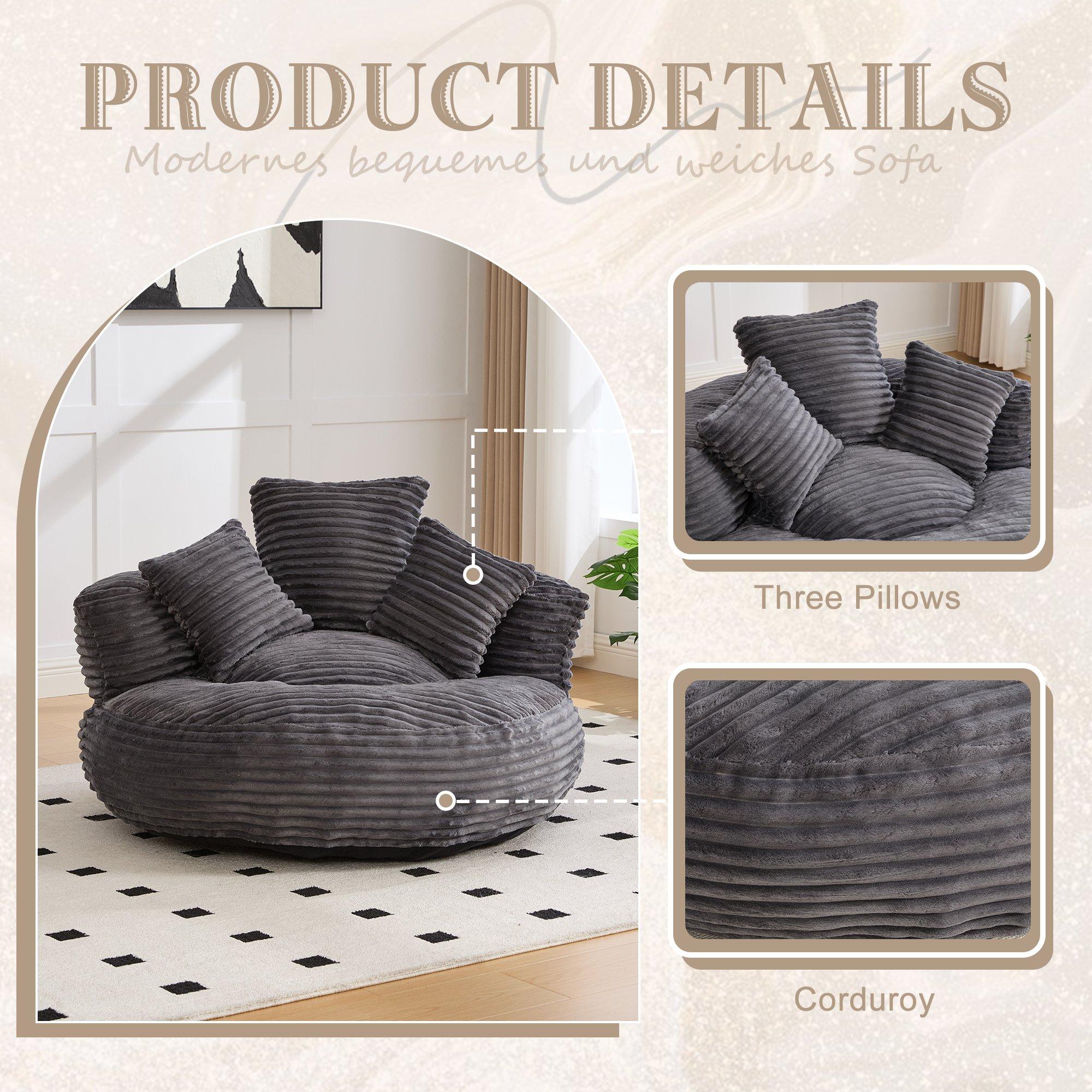 Dark Gray - Urban Meuble - Corduroy Bean Bag Chair with Pillows - 9