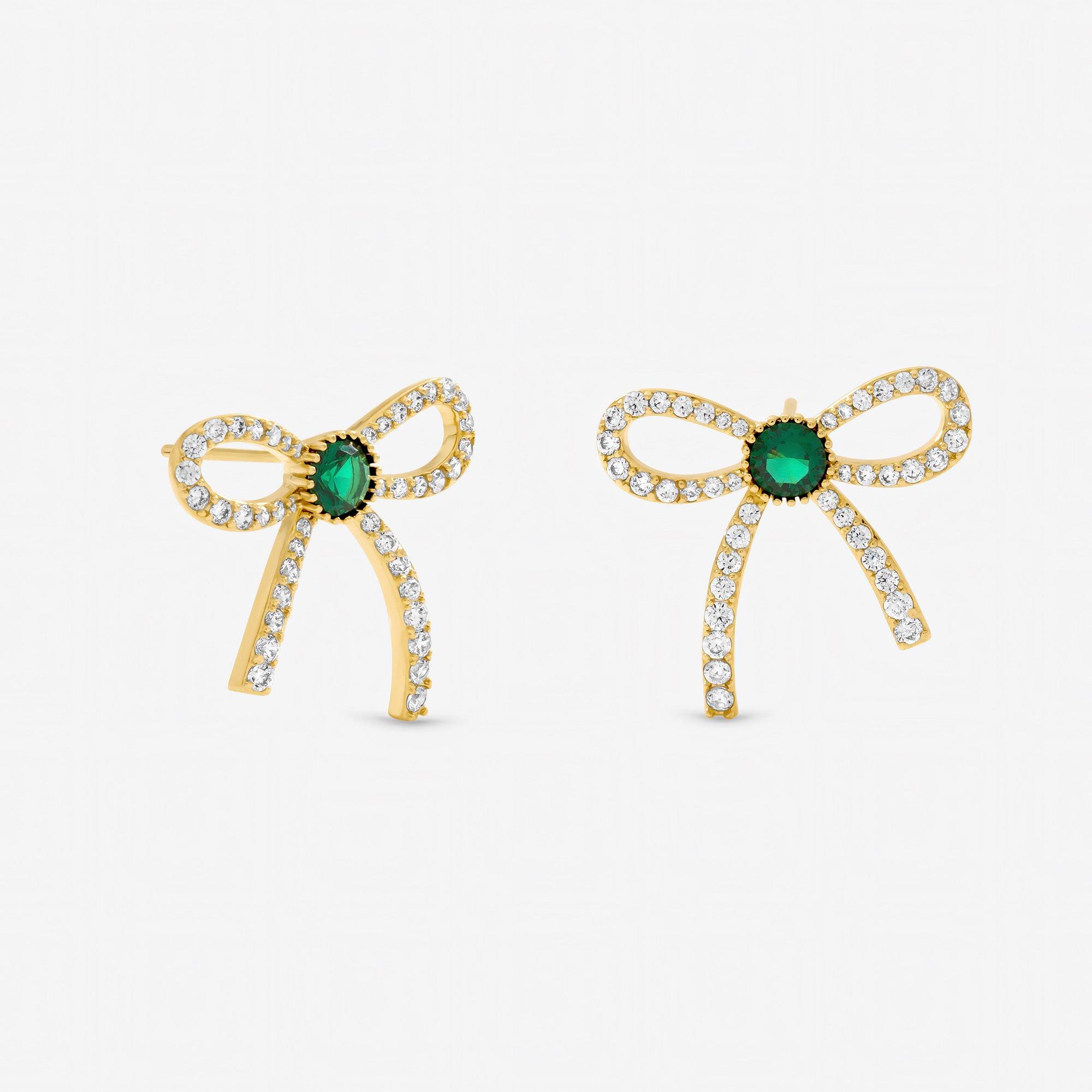Gold - Jon Richard - Gold Plated Emerald Crystal Bow Studs - 1