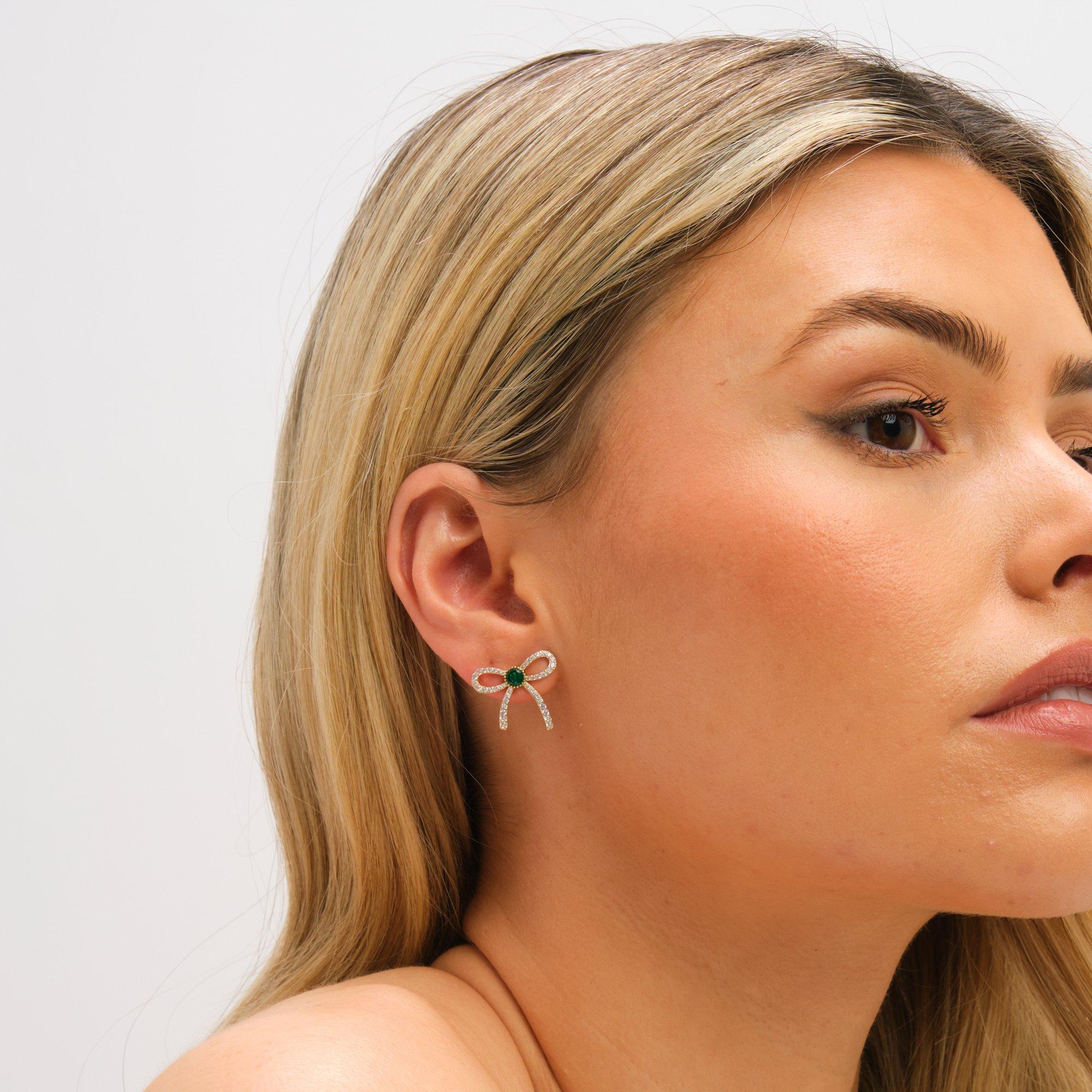 Gold - Jon Richard - Gold Plated Emerald Crystal Bow Studs - 3