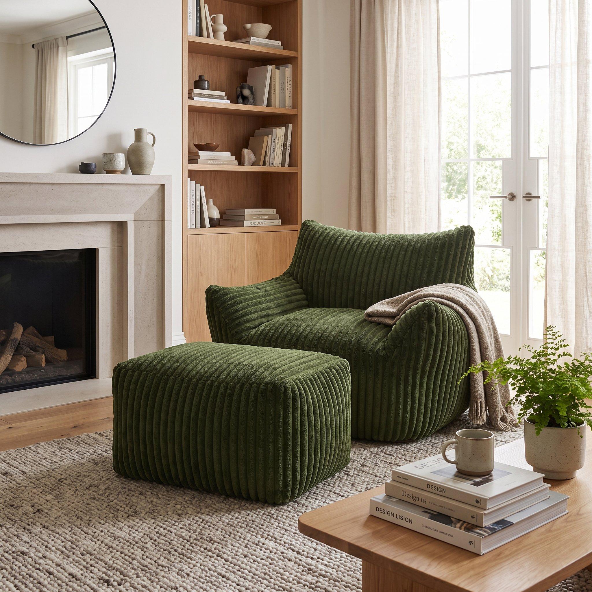 Green - Urban Meuble - Corduroy Bean Bag Chair with Footrest - 2