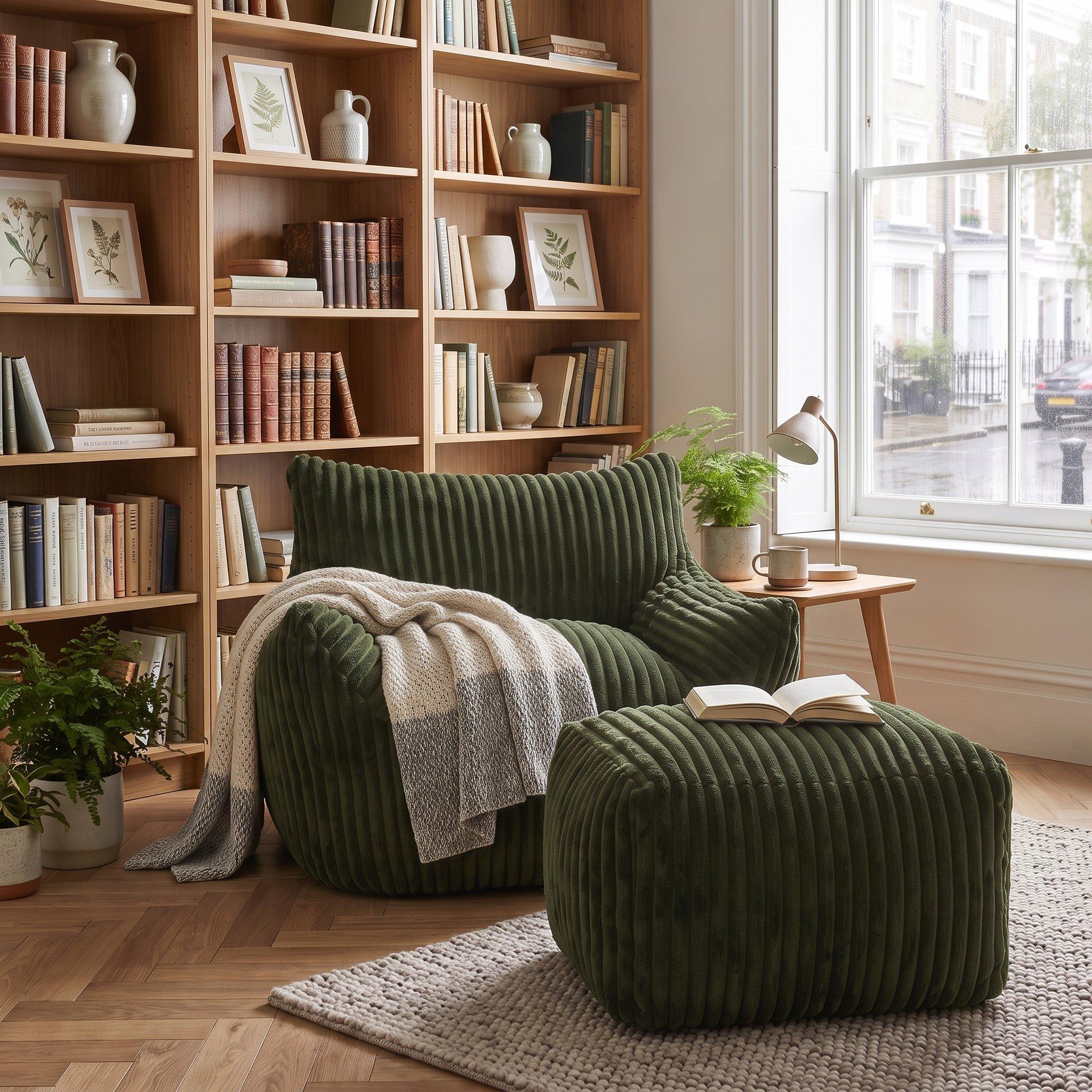 Green - Urban Meuble - Corduroy Bean Bag Chair with Footrest - 3