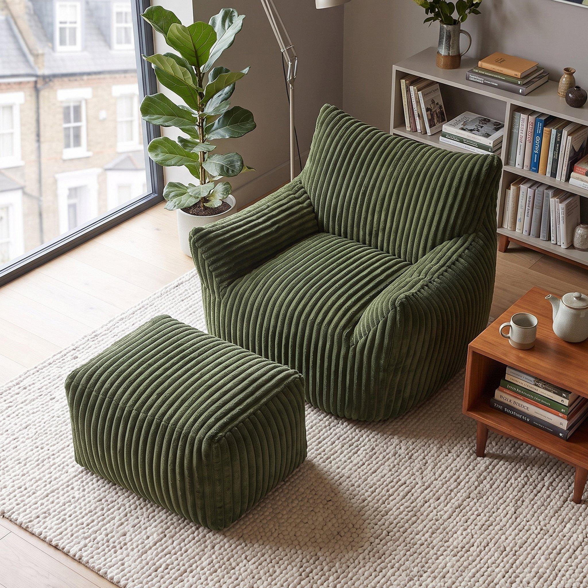 Green - Urban Meuble - Corduroy Bean Bag Chair with Footrest - 4