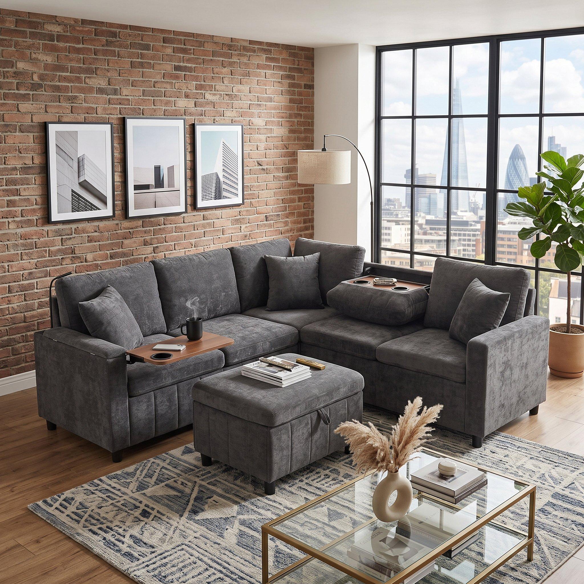Grey - Urban Meuble - Multifunctional Chenille Sectional Sofa - 1