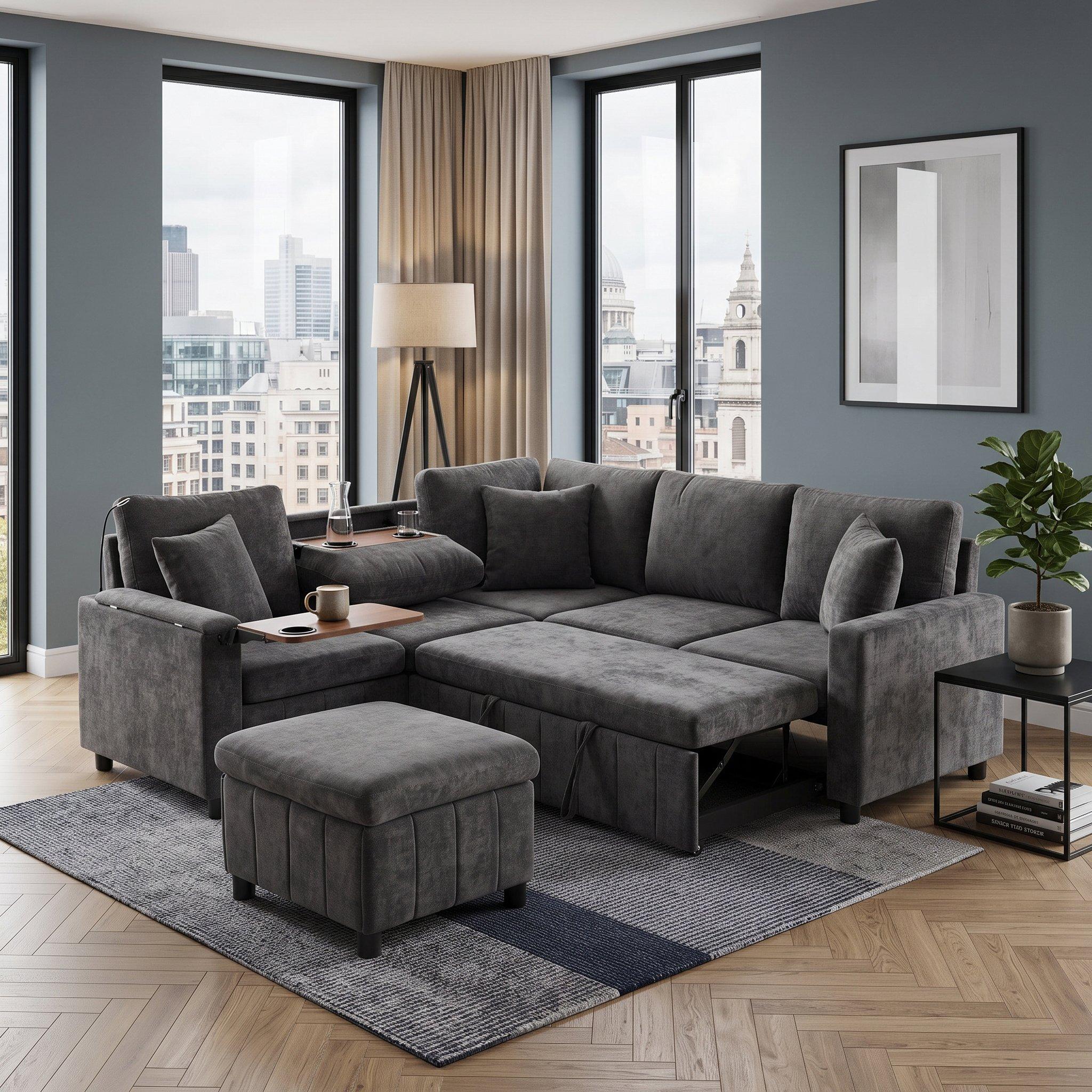 Grey - Urban Meuble - Multifunctional Chenille Sectional Sofa - 2