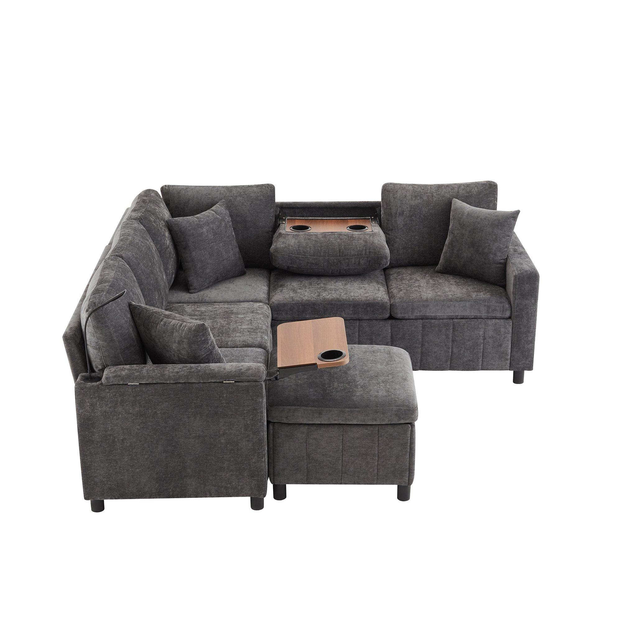 Grey - Urban Meuble - Multifunctional Chenille Sectional Sofa - 11