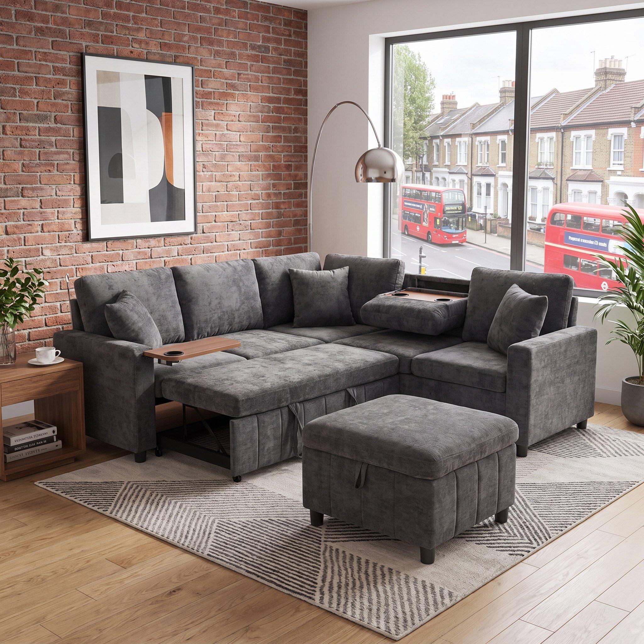 Grey - Urban Meuble - Multifunctional Chenille Sectional Sofa - 3