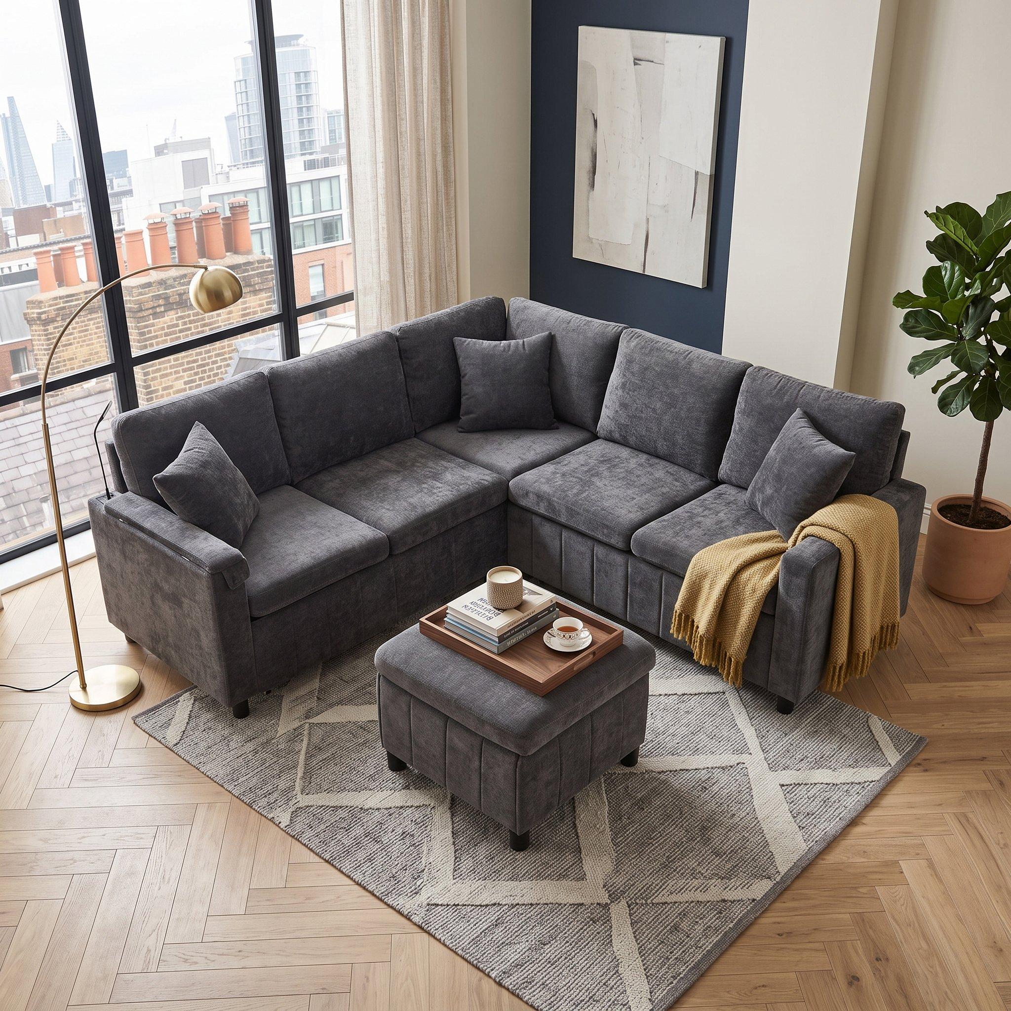 Grey - Urban Meuble - Multifunctional Chenille Sectional Sofa - 4