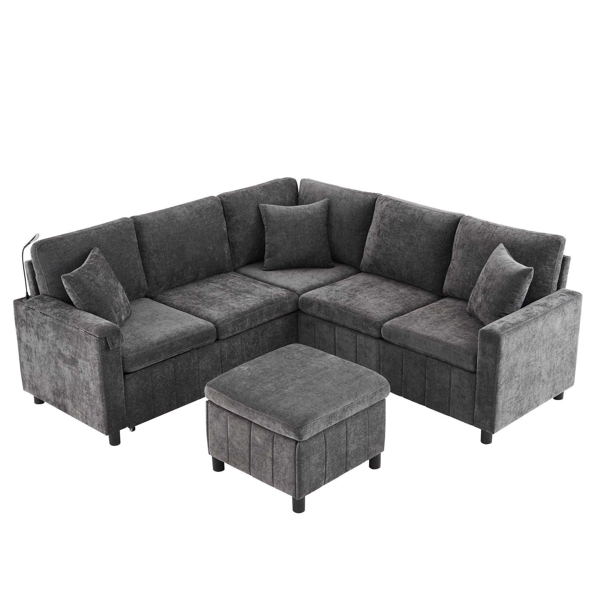 Grey - Urban Meuble - Multifunctional Chenille Sectional Sofa - 5