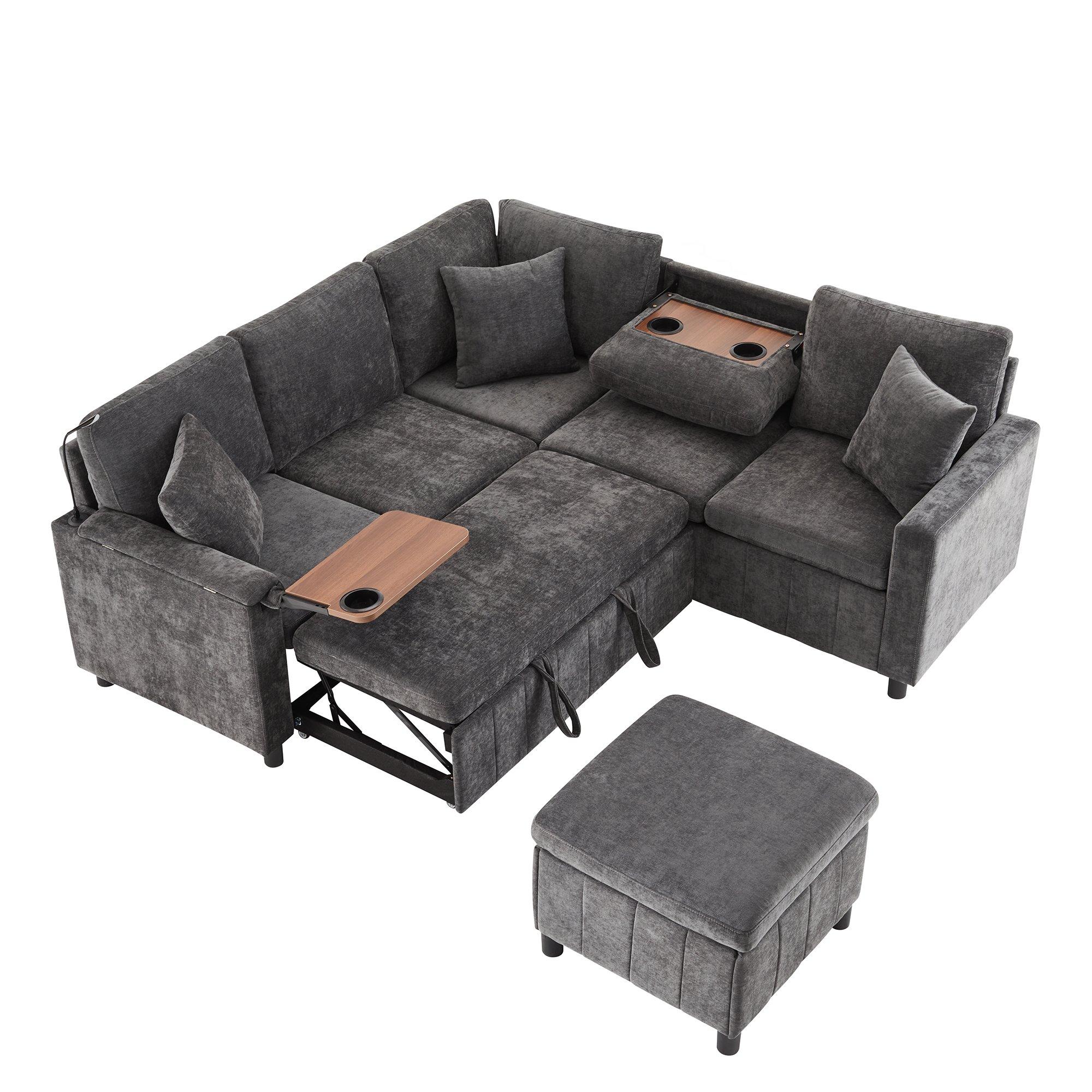 Grey - Urban Meuble - Multifunctional Chenille Sectional Sofa - 7