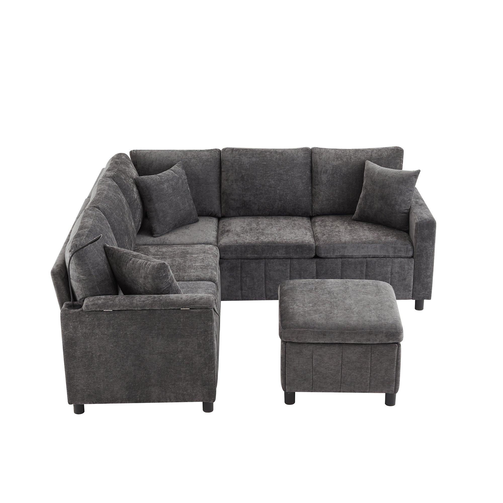 Grey - Urban Meuble - Multifunctional Chenille Sectional Sofa - 8