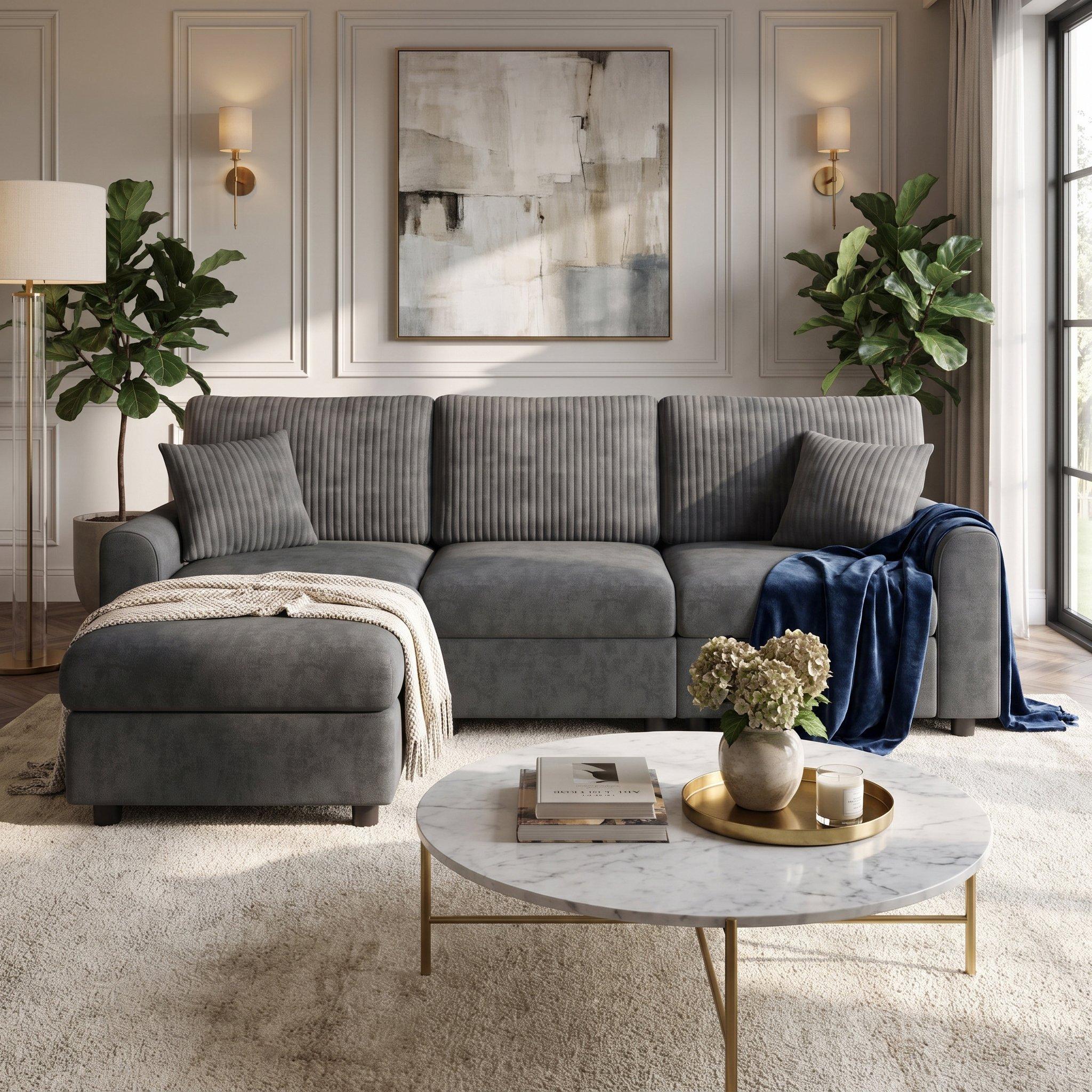 Dark Grey - Urban Meuble - Modern 3-Seater L-Shaped Sofa with Ottoman - 1