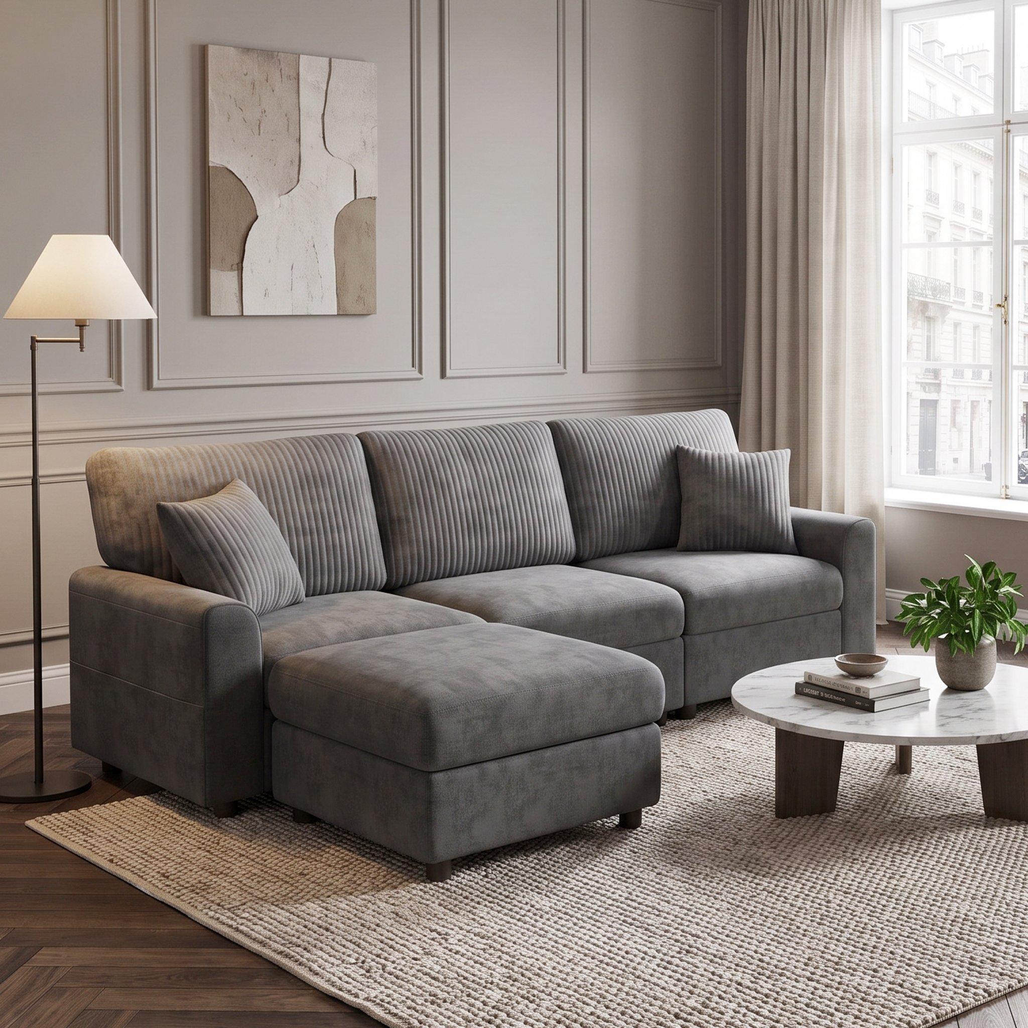 Dark Grey - Urban Meuble - Modern 3-Seater L-Shaped Sofa with Ottoman - 2