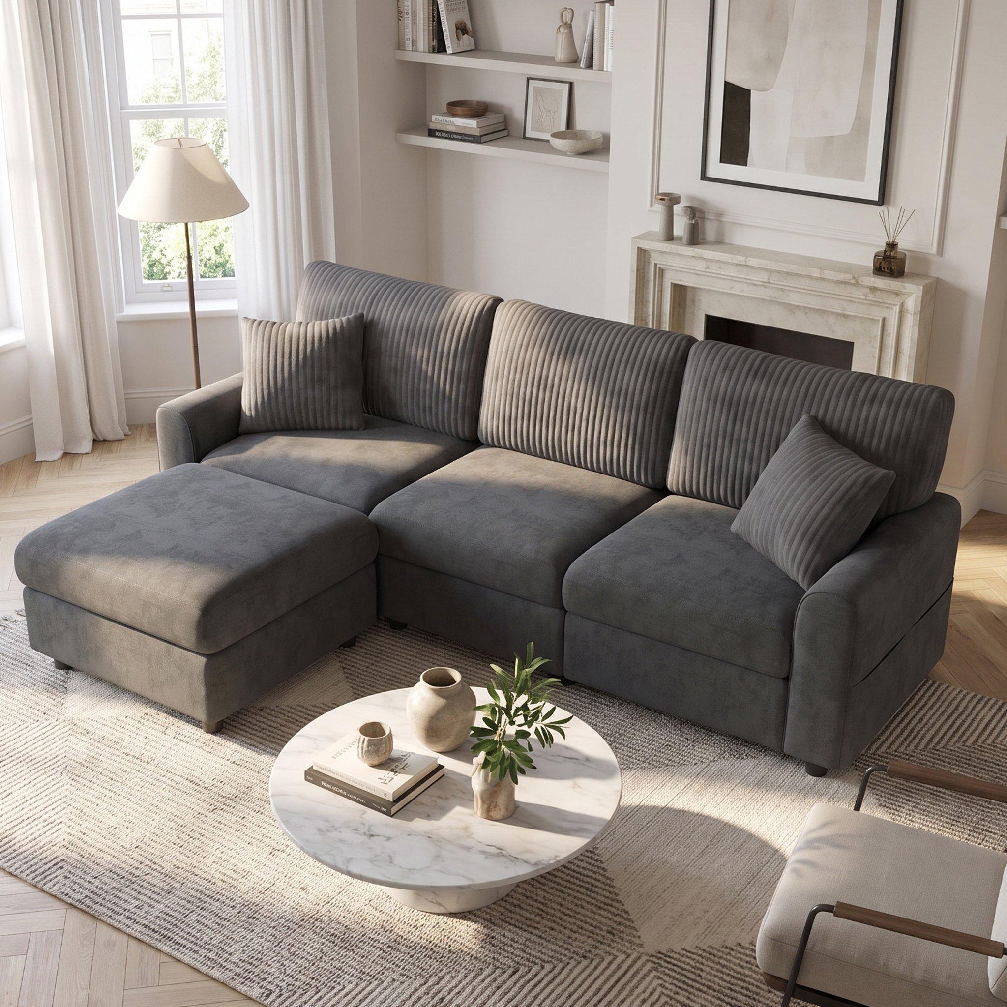 Dark Grey - Urban Meuble - Modern 3-Seater L-Shaped Sofa with Ottoman - 3
