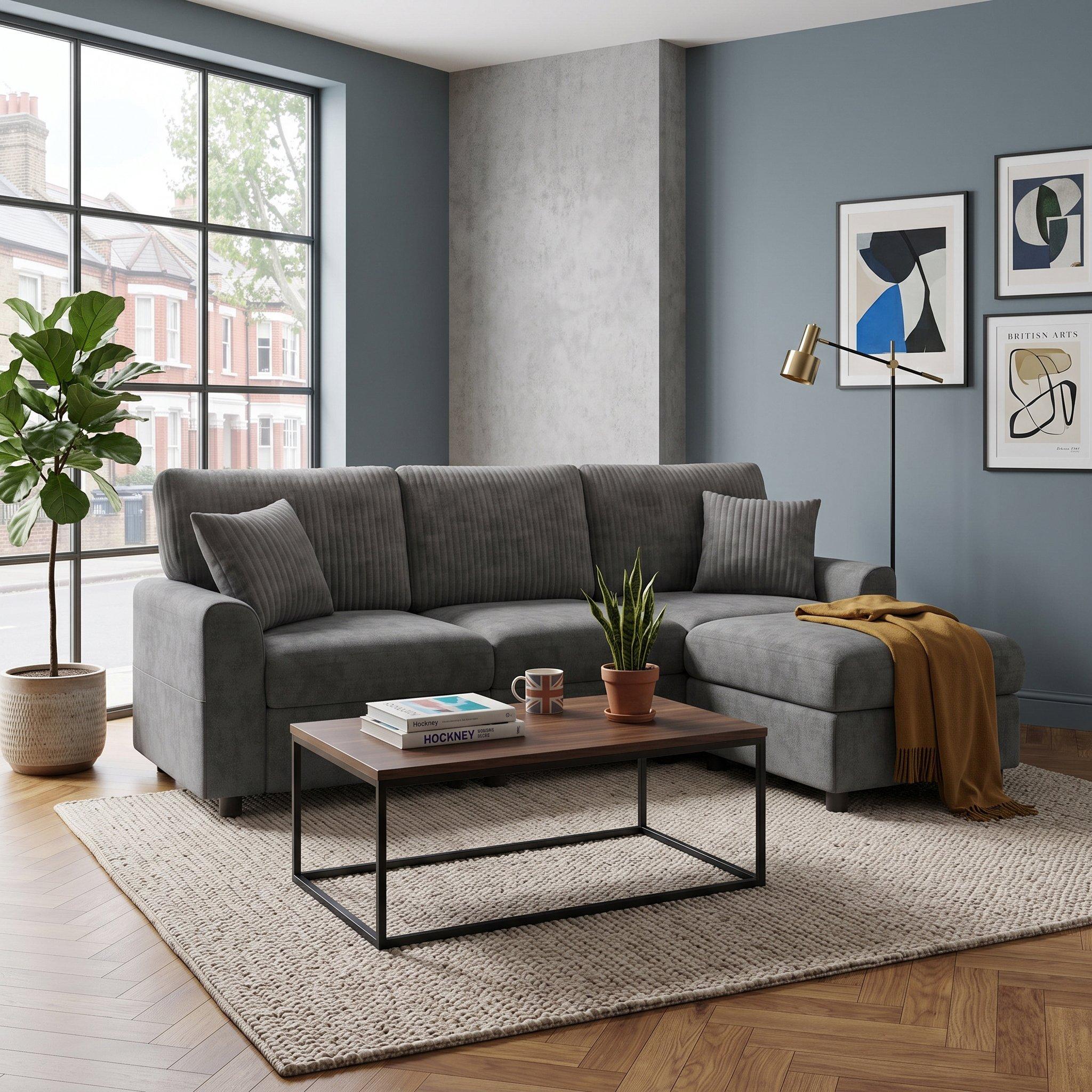 Dark Grey - Urban Meuble - Modern 3-Seater L-Shaped Sofa with Ottoman - 4