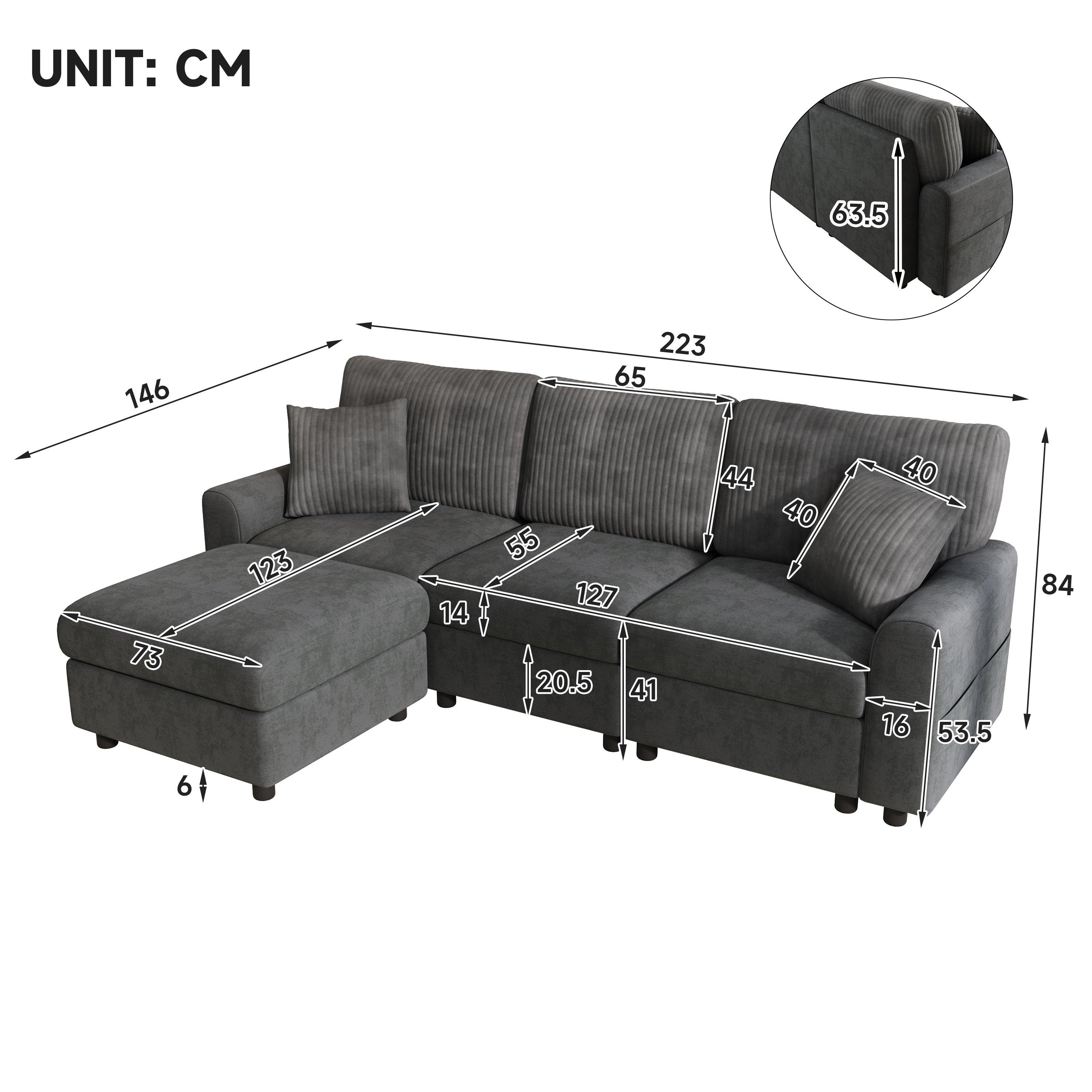 Dark Grey - Urban Meuble - Modern 3-Seater L-Shaped Sofa with Ottoman - 6