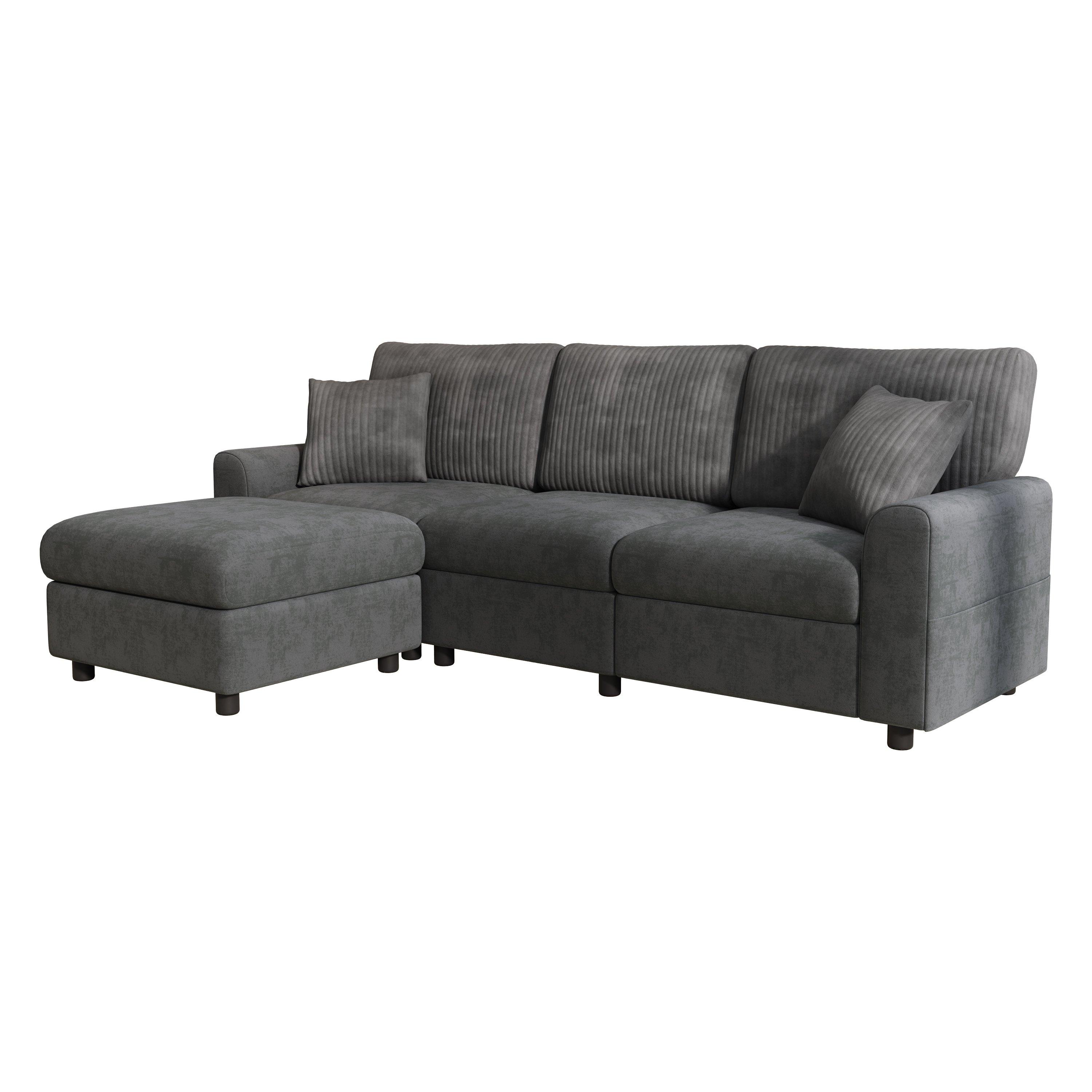 Dark Grey - Urban Meuble - Modern 3-Seater L-Shaped Sofa with Ottoman - 7