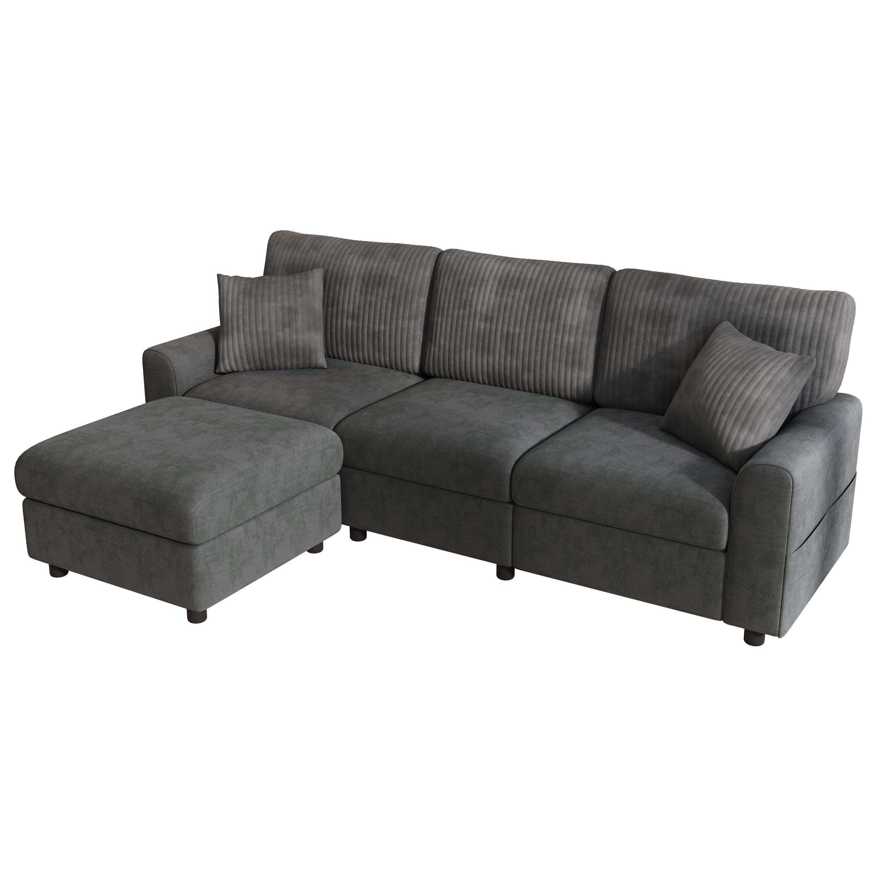 Dark Grey - Urban Meuble - Modern 3-Seater L-Shaped Sofa with Ottoman - 9
