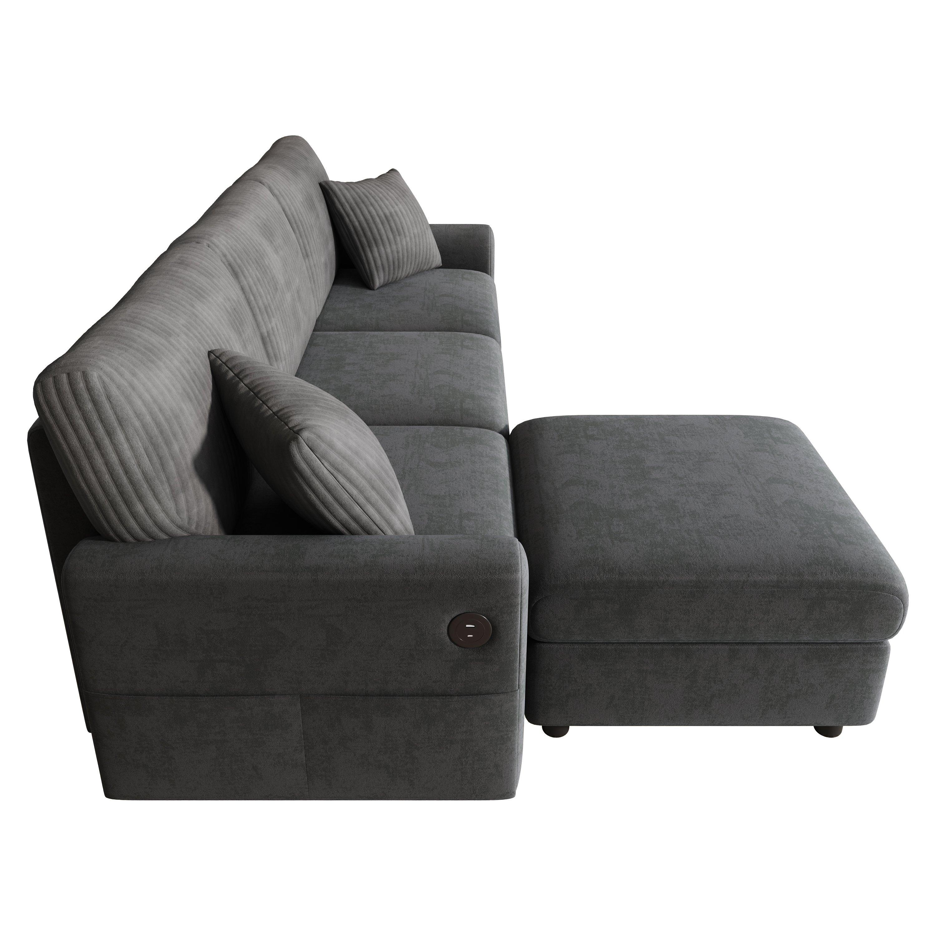 Dark Grey - Urban Meuble - Modern 3-Seater L-Shaped Sofa with Ottoman - 10