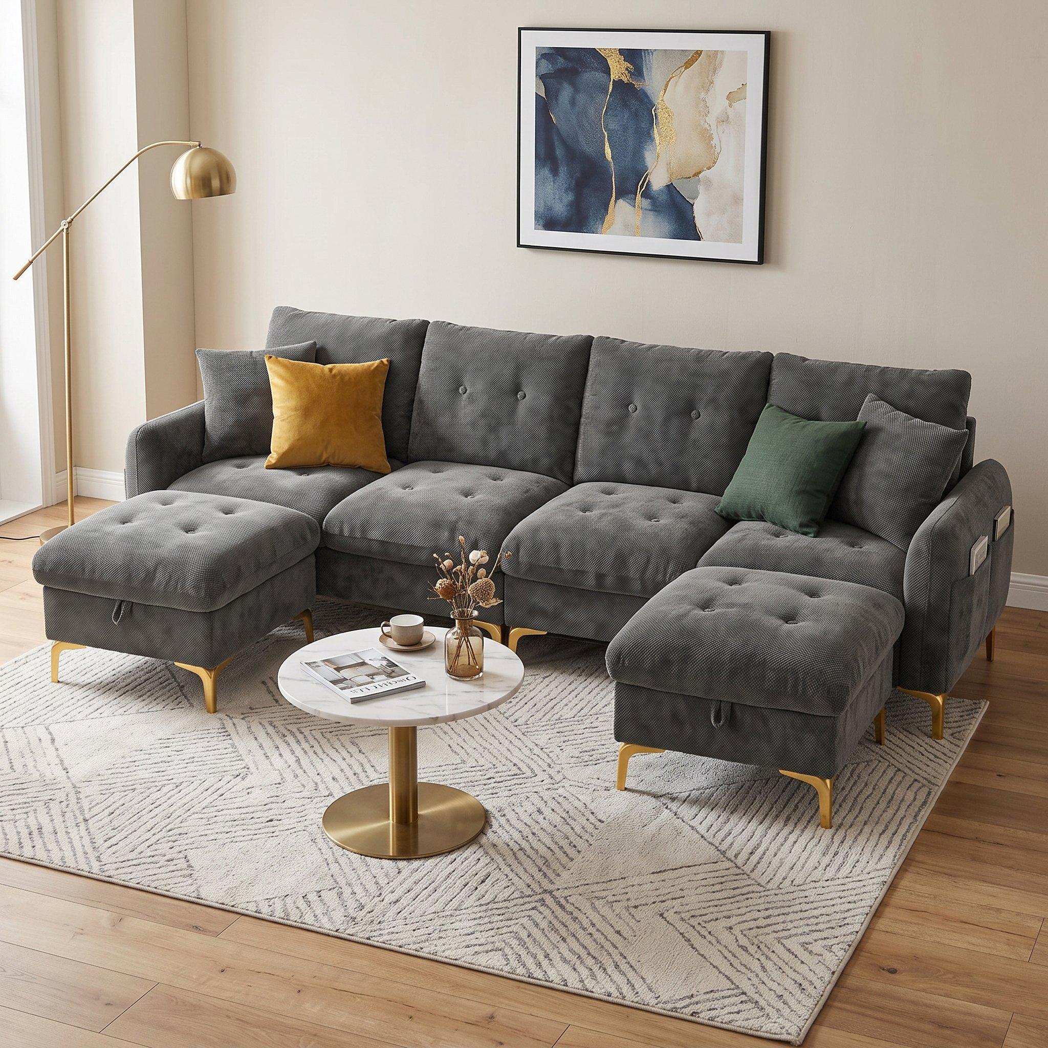 Gray - Urban Meuble - Modular U-Shaped Sofa with Storage Ottomans - 2