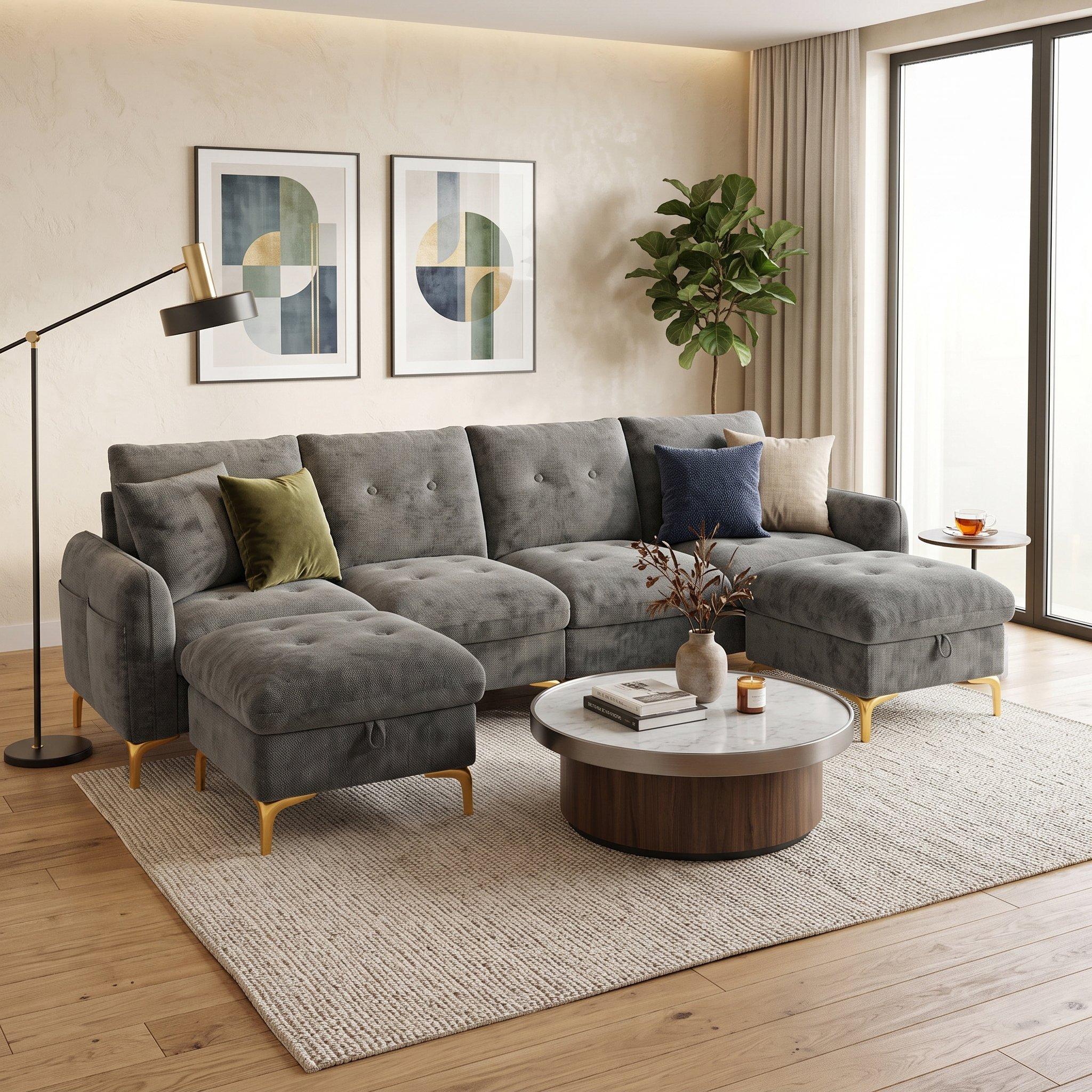Gray - Urban Meuble - Modular U-Shaped Sofa with Storage Ottomans - 3