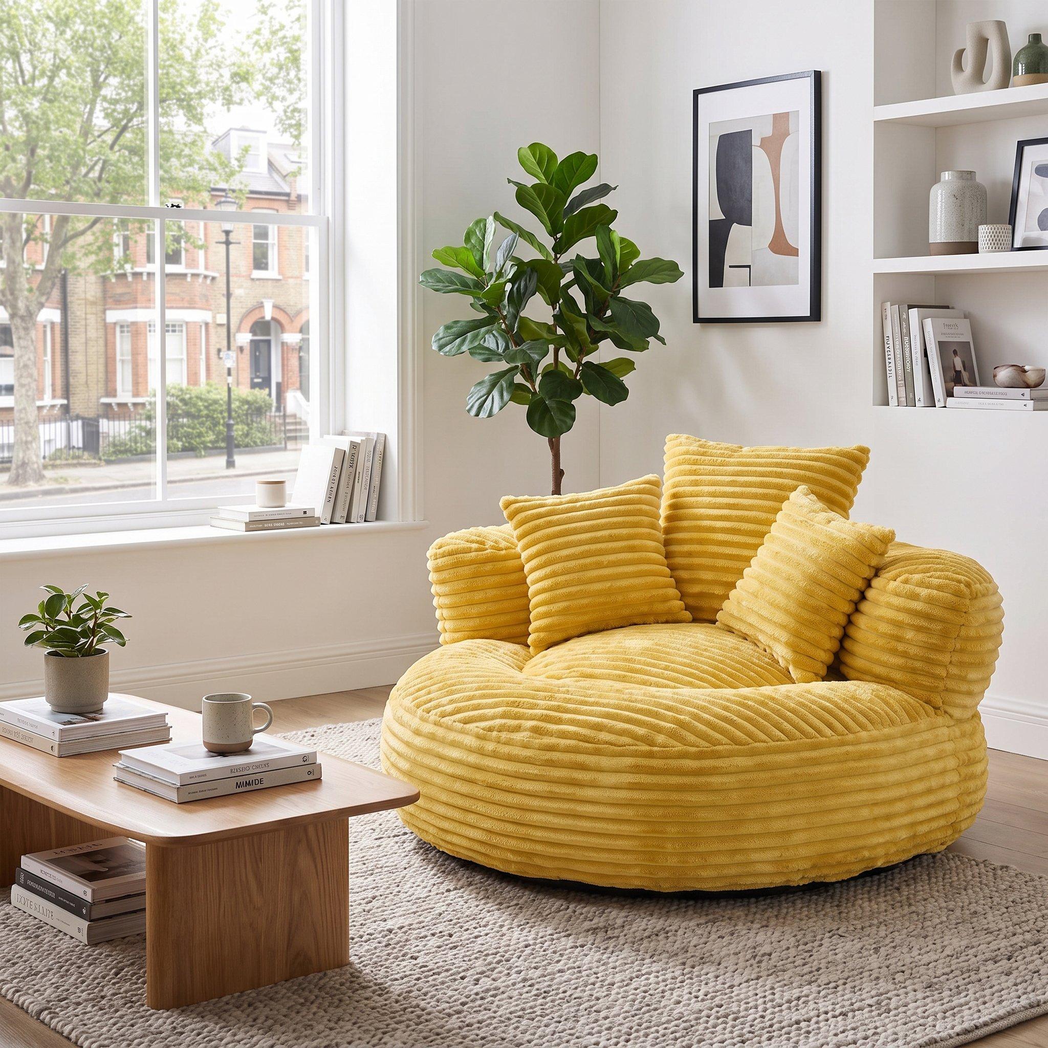 Mustard Yellow - Urban Meuble - Corduroy Bean Bag Chair with Pillows - 3