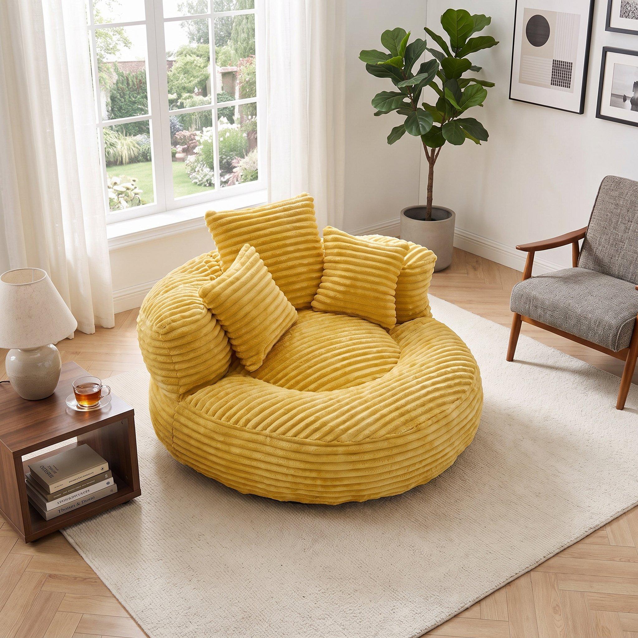 Mustard Yellow - Urban Meuble - Corduroy Bean Bag Chair with Pillows - 4