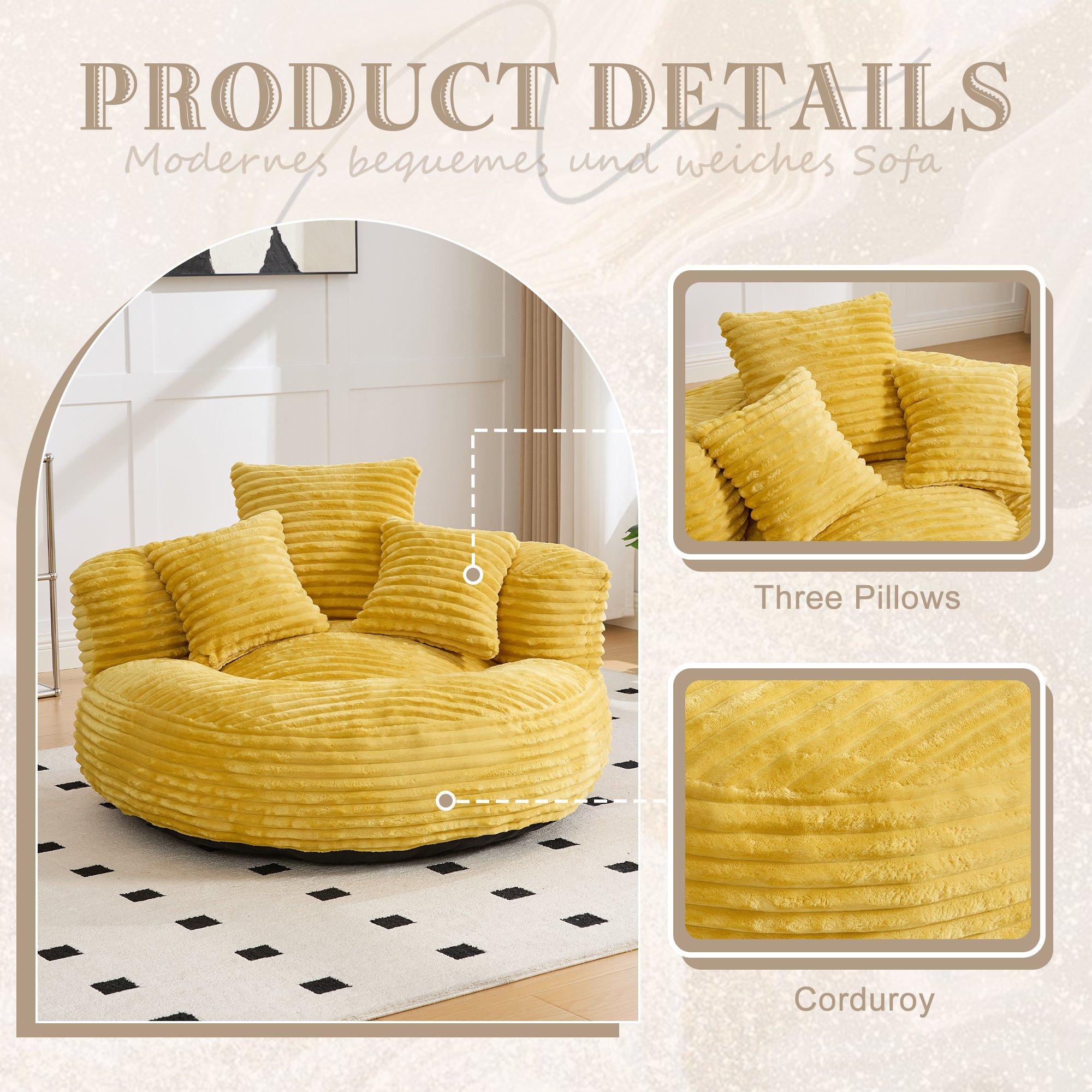Mustard Yellow - Urban Meuble - Corduroy Bean Bag Chair with Pillows - 9