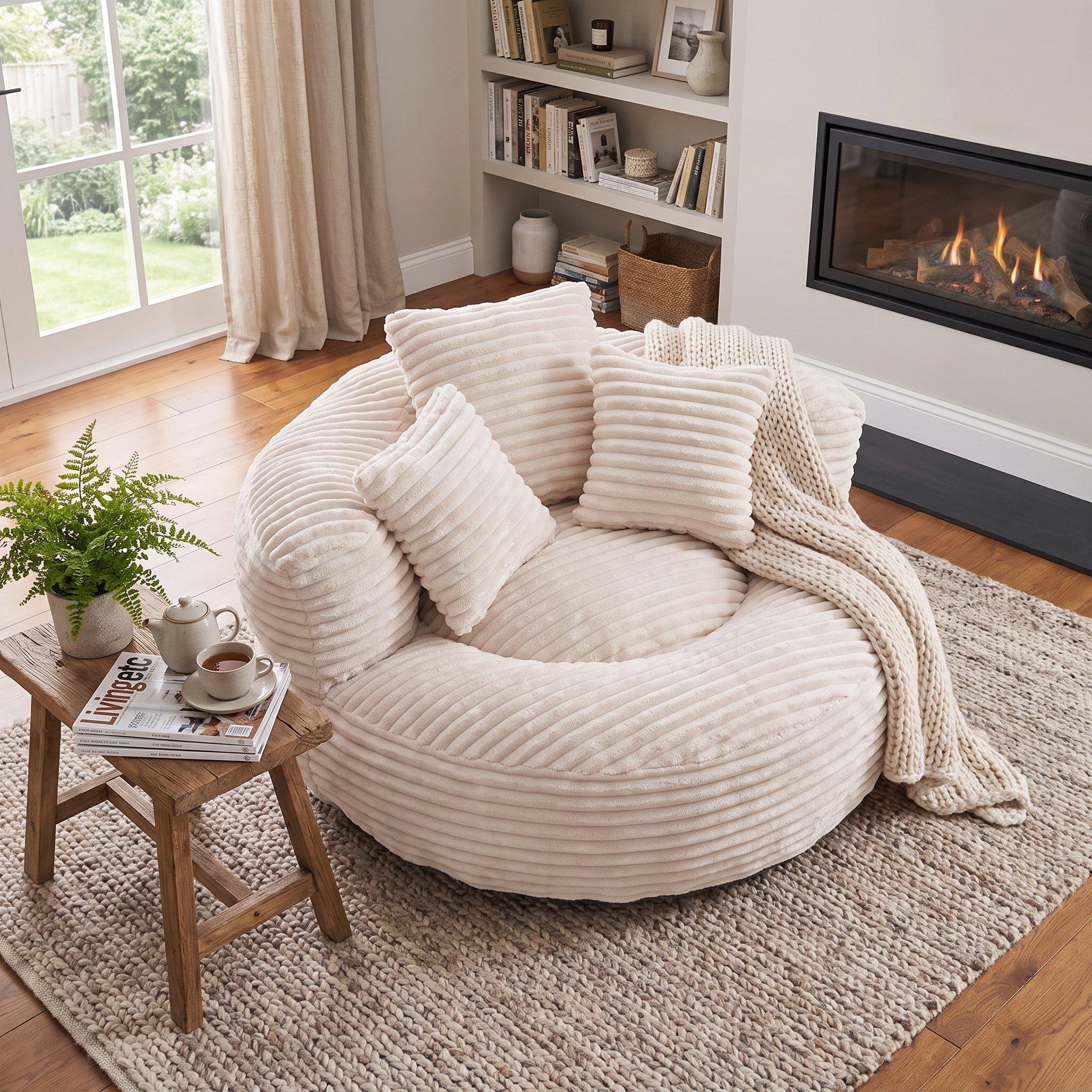 Beige - Urban Meuble - Corduroy Bean Bag Chair with Pillows - 3