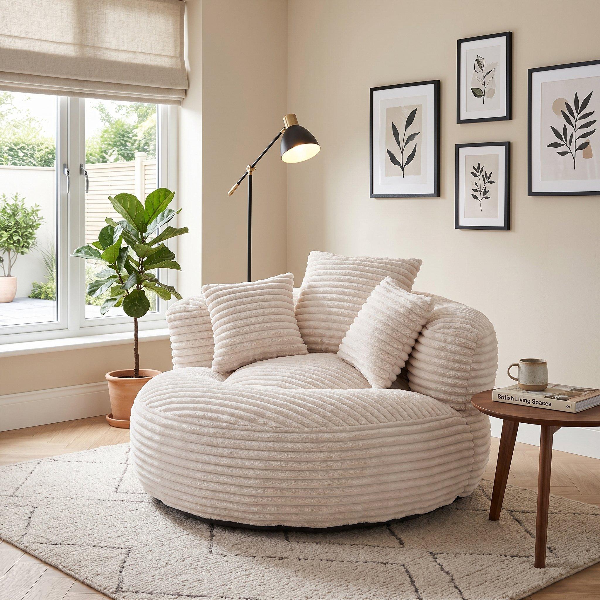 Beige - Urban Meuble - Corduroy Bean Bag Chair with Pillows - 4