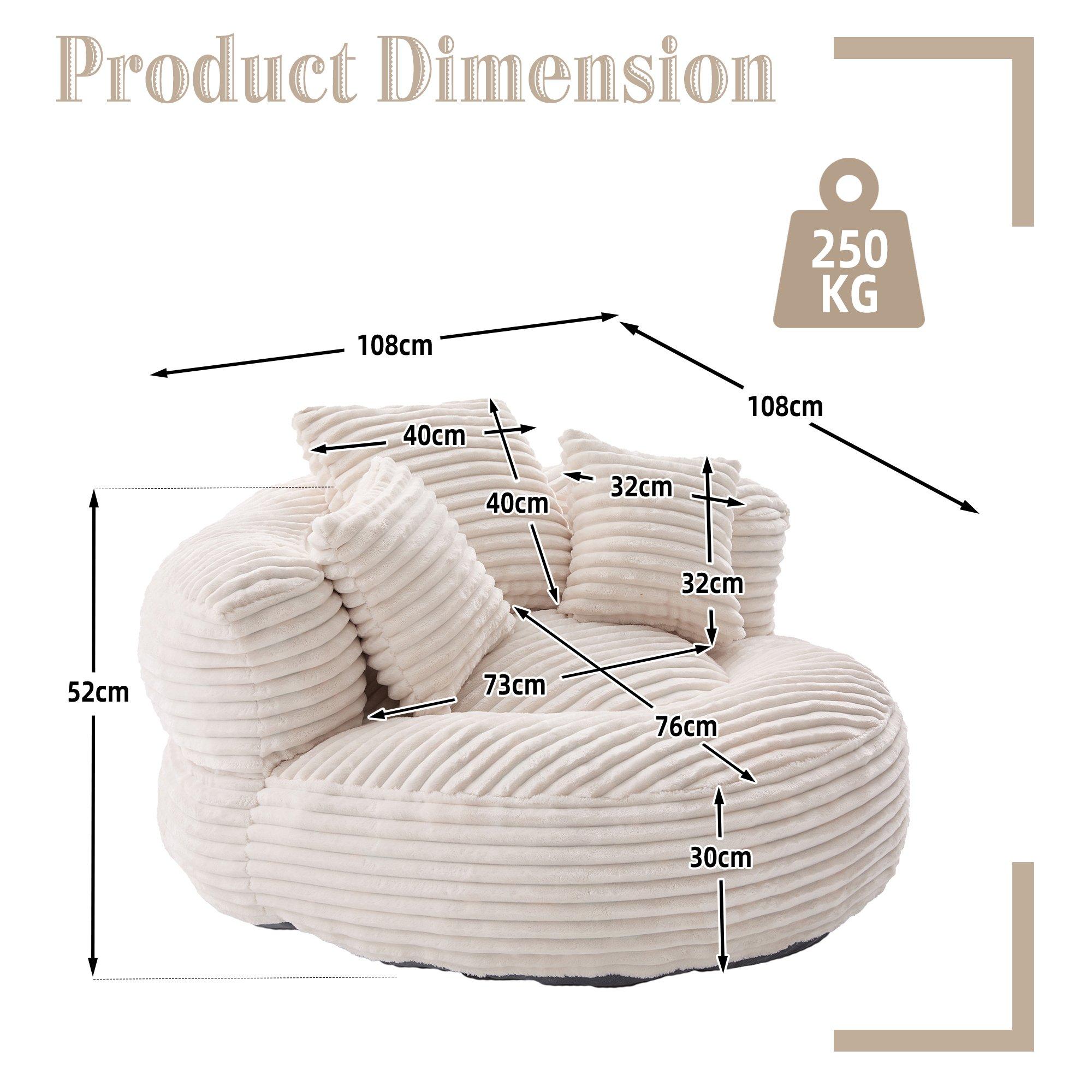 Beige - Urban Meuble - Corduroy Bean Bag Chair with Pillows - 6