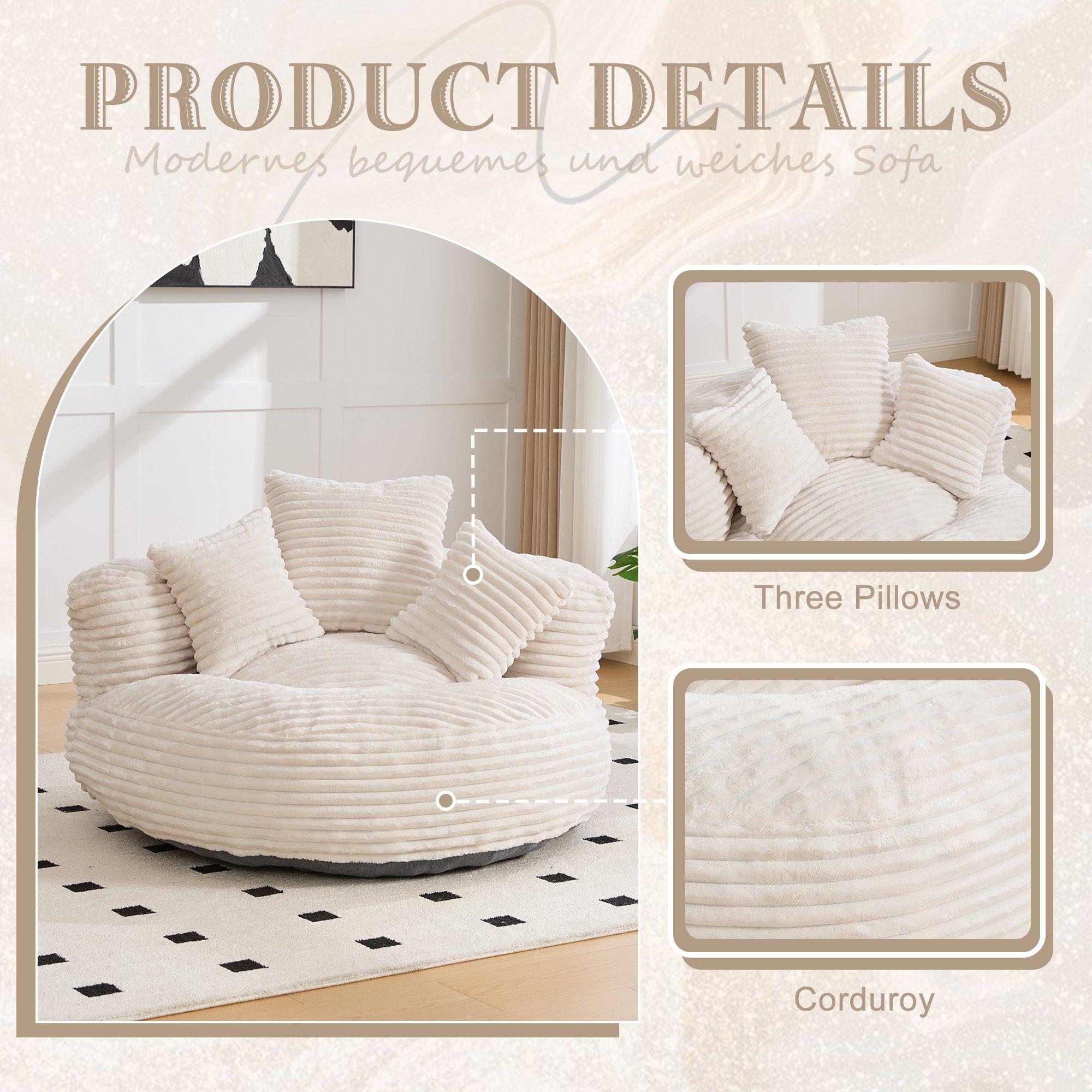 Beige - Urban Meuble - Corduroy Bean Bag Chair with Pillows - 9