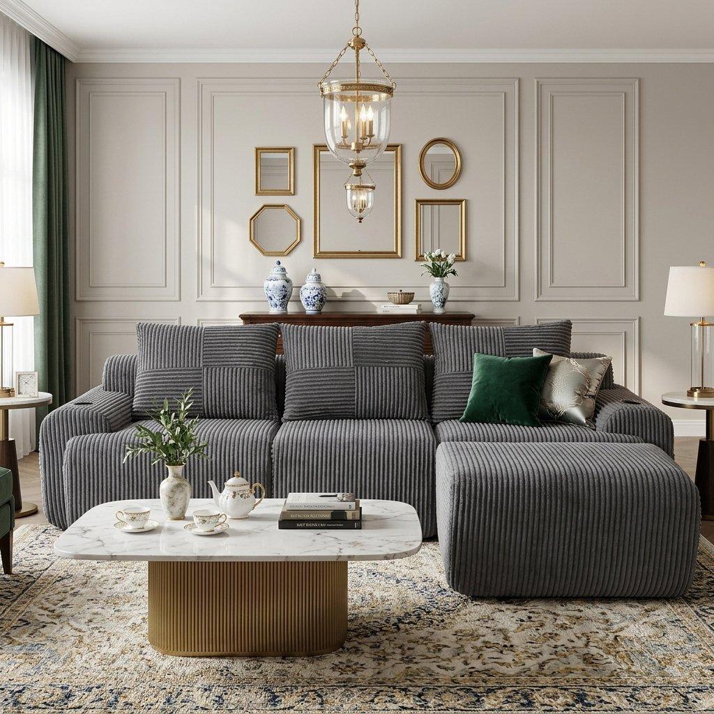 Dark Gray - Urban Meuble - Modular 3-Seater Corduroy Sofa with Ottoman - 1