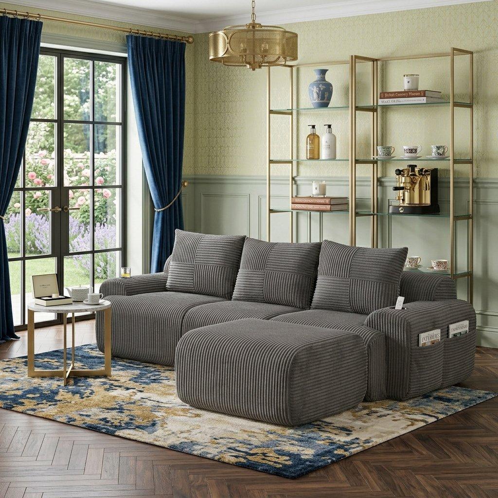 Dark Gray - Urban Meuble - Modular 3-Seater Corduroy Sofa with Ottoman - 2