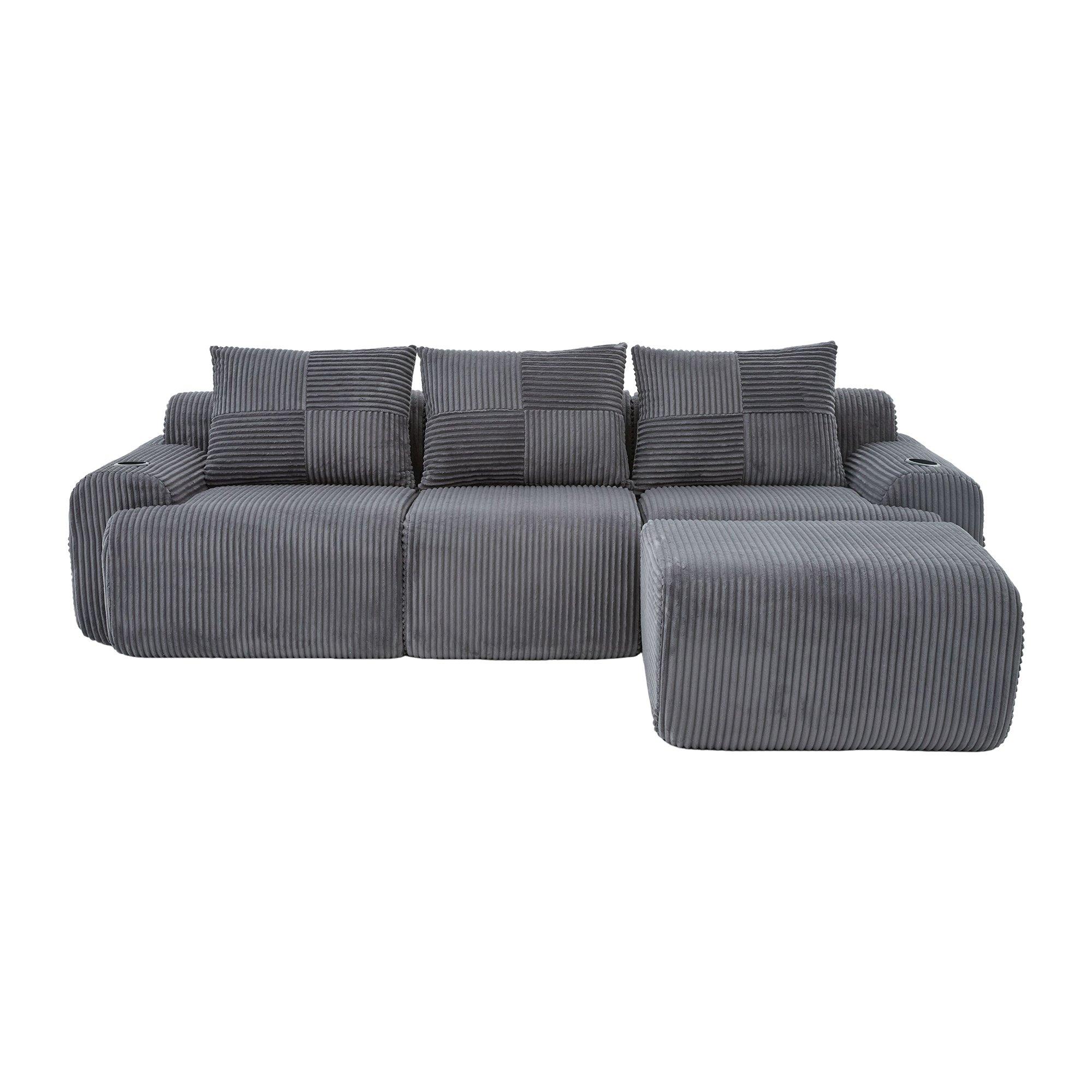 Dark Gray - Urban Meuble - Modular 3-Seater Corduroy Sofa with Ottoman - 11