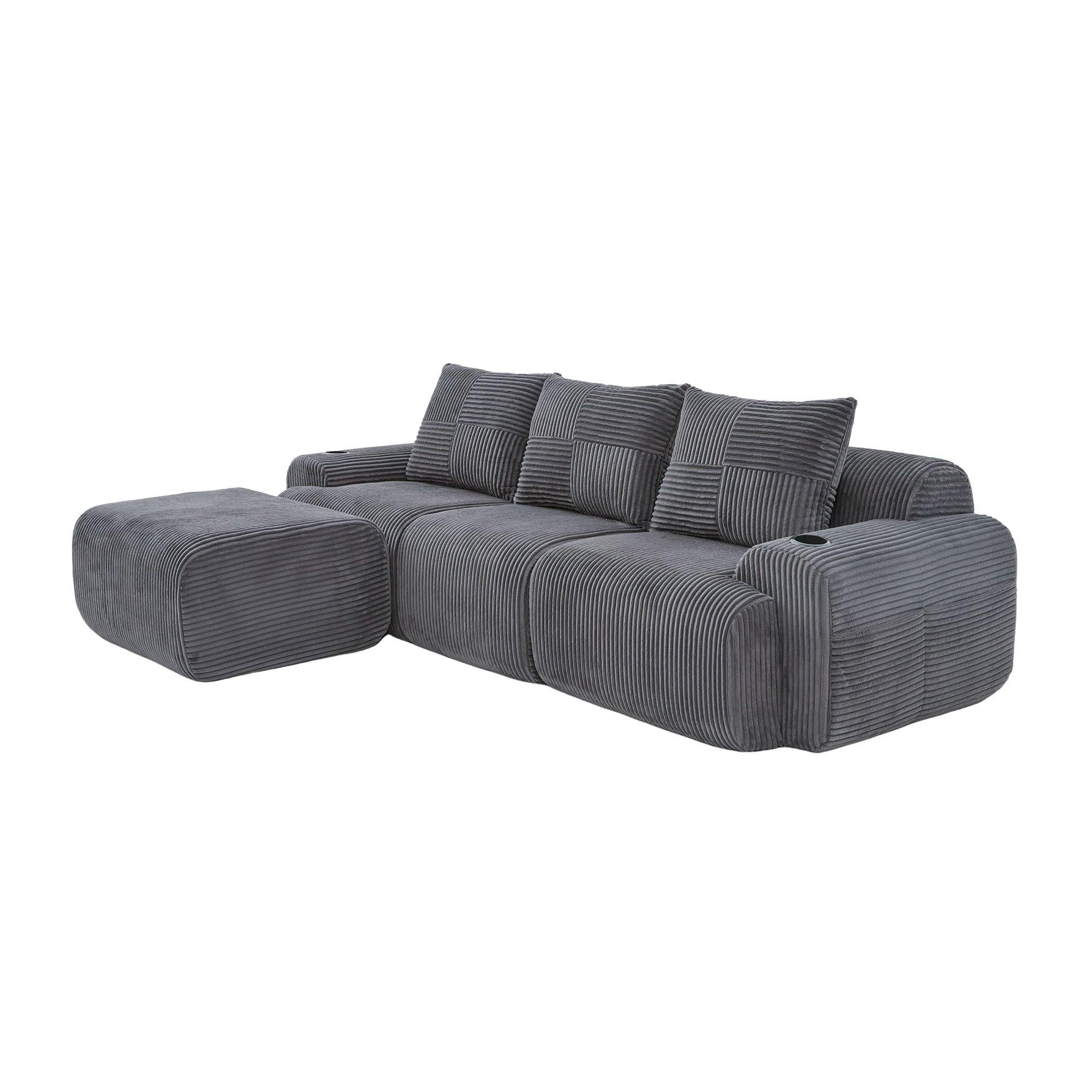 Dark Gray - Urban Meuble - Modular 3-Seater Corduroy Sofa with Ottoman - 12