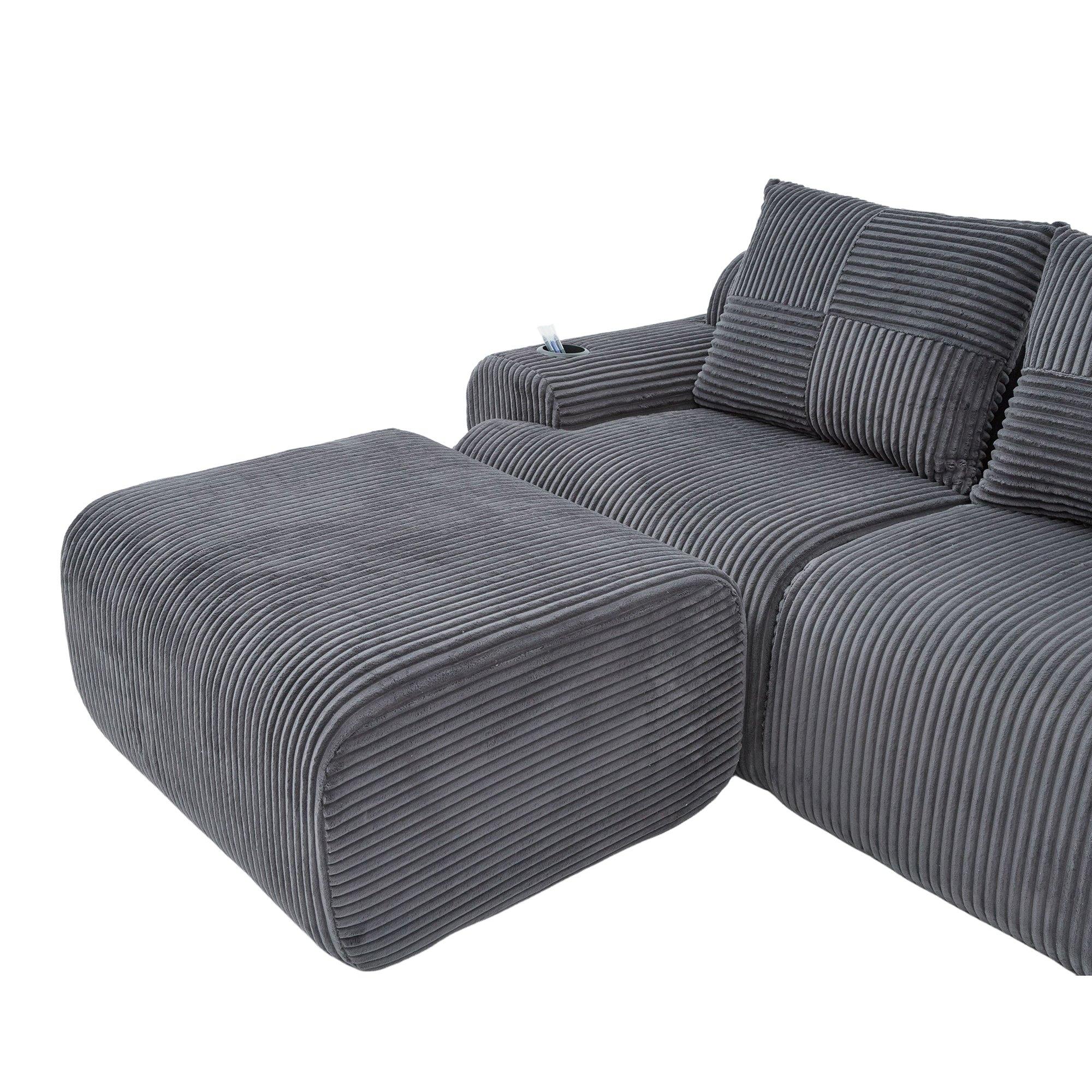 Dark Gray - Urban Meuble - Modular 3-Seater Corduroy Sofa with Ottoman - 13