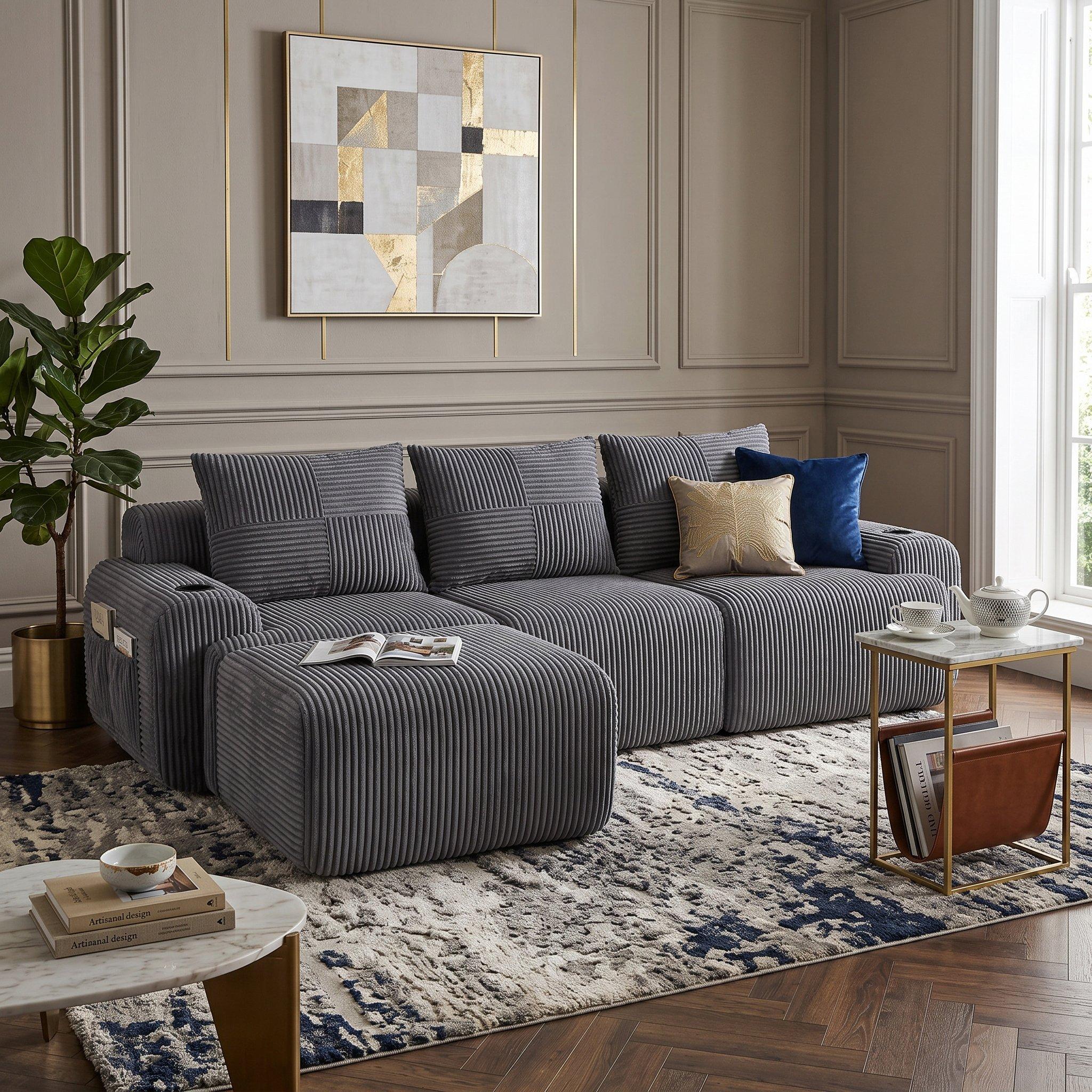 Dark Gray - Urban Meuble - Modular 3-Seater Corduroy Sofa with Ottoman - 3