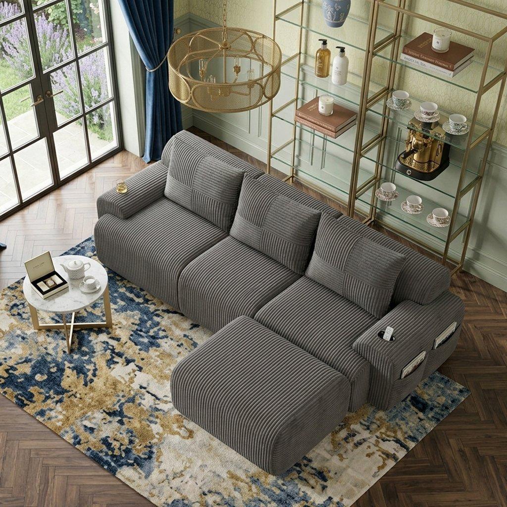 Dark Gray - Urban Meuble - Modular 3-Seater Corduroy Sofa with Ottoman - 4